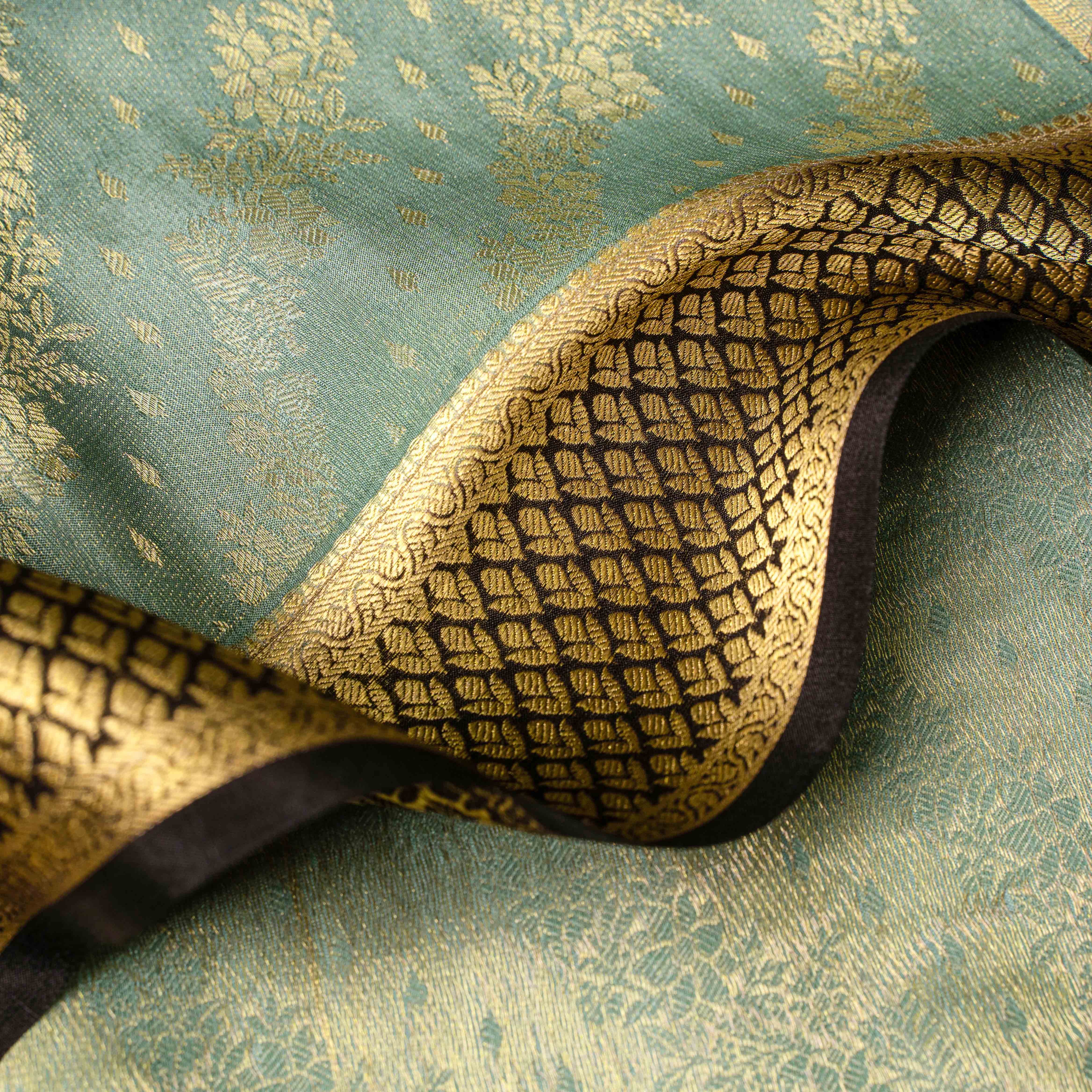 Mysore Crepe Silk Saree in Dusty Aqua & Jet Black