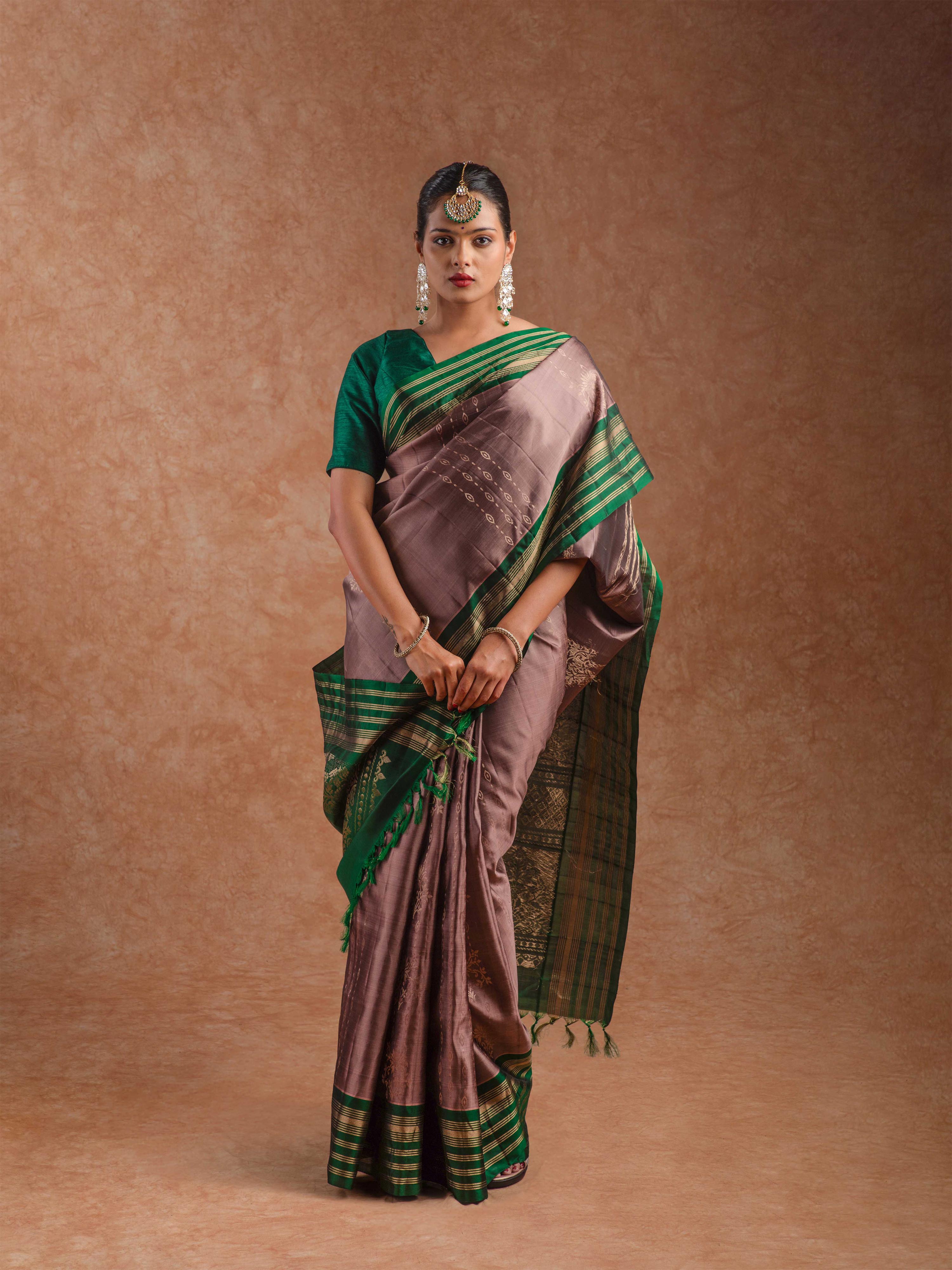 Kanjeevaram Soft Silk Saree in Cocoa & Forest Green