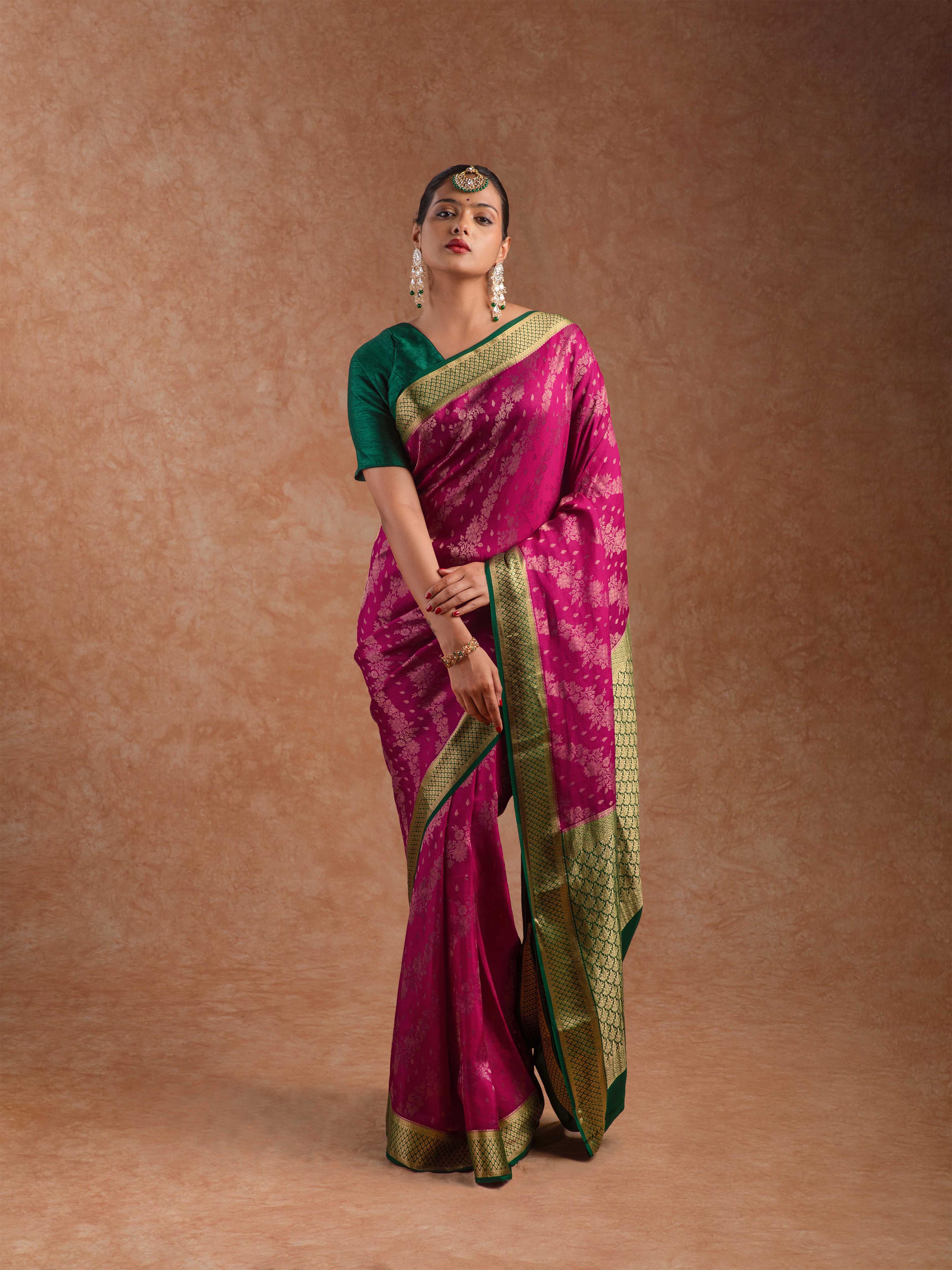 Mysore Crepe Silk Saree in Rani Pink & Deep Emerald