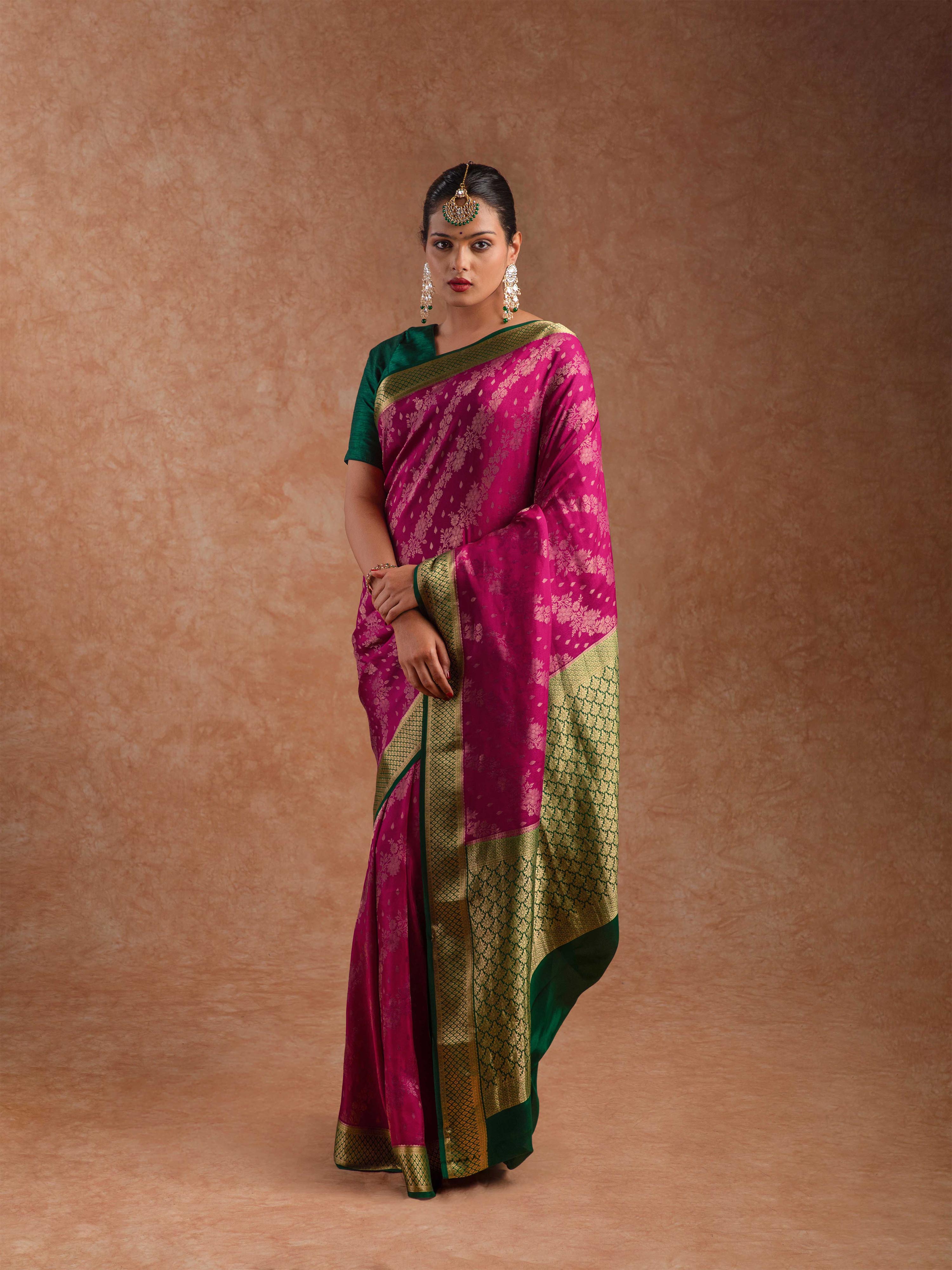 Mysore Crepe Silk Saree in Rani Pink & Deep Emerald