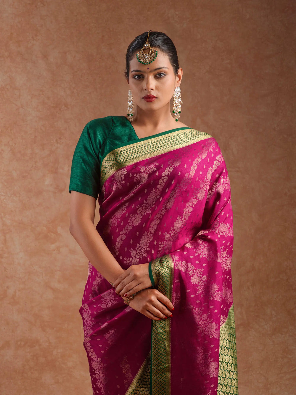 Mysore Crepe Silk Saree in Rani Pink & Deep Emerald