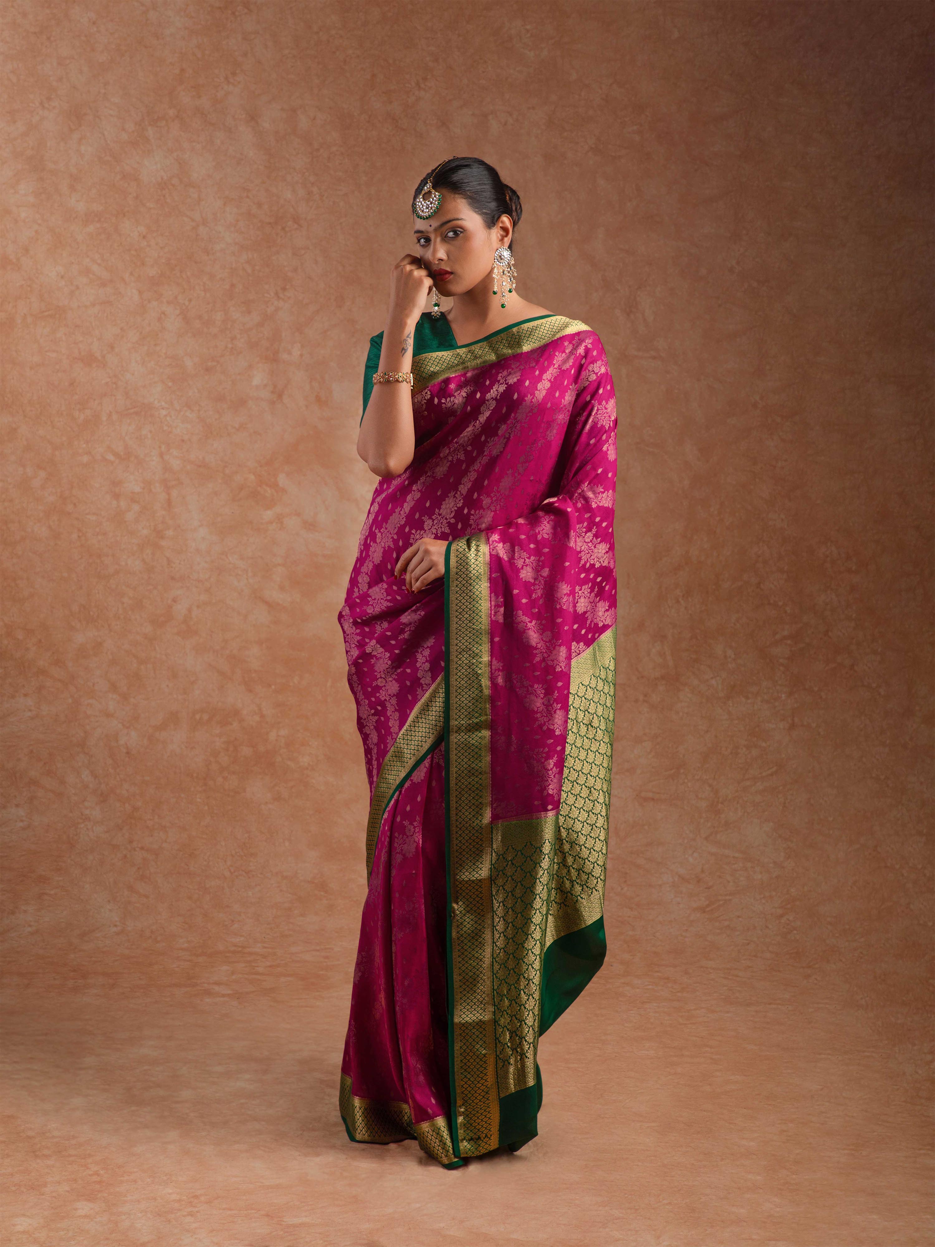 Mysore Crepe Silk Saree in Rani Pink & Deep Emerald