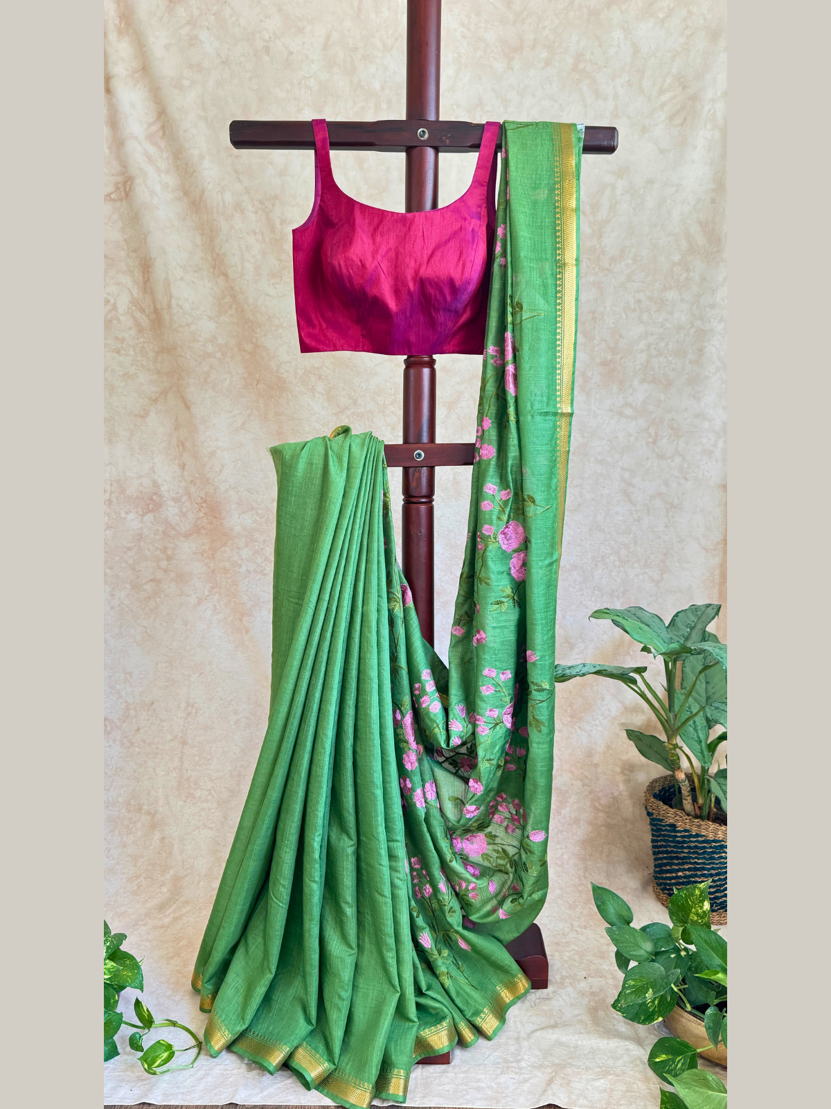 Floral Embroidered Linen Silk Saree With Magenta Sleeveless Blouse