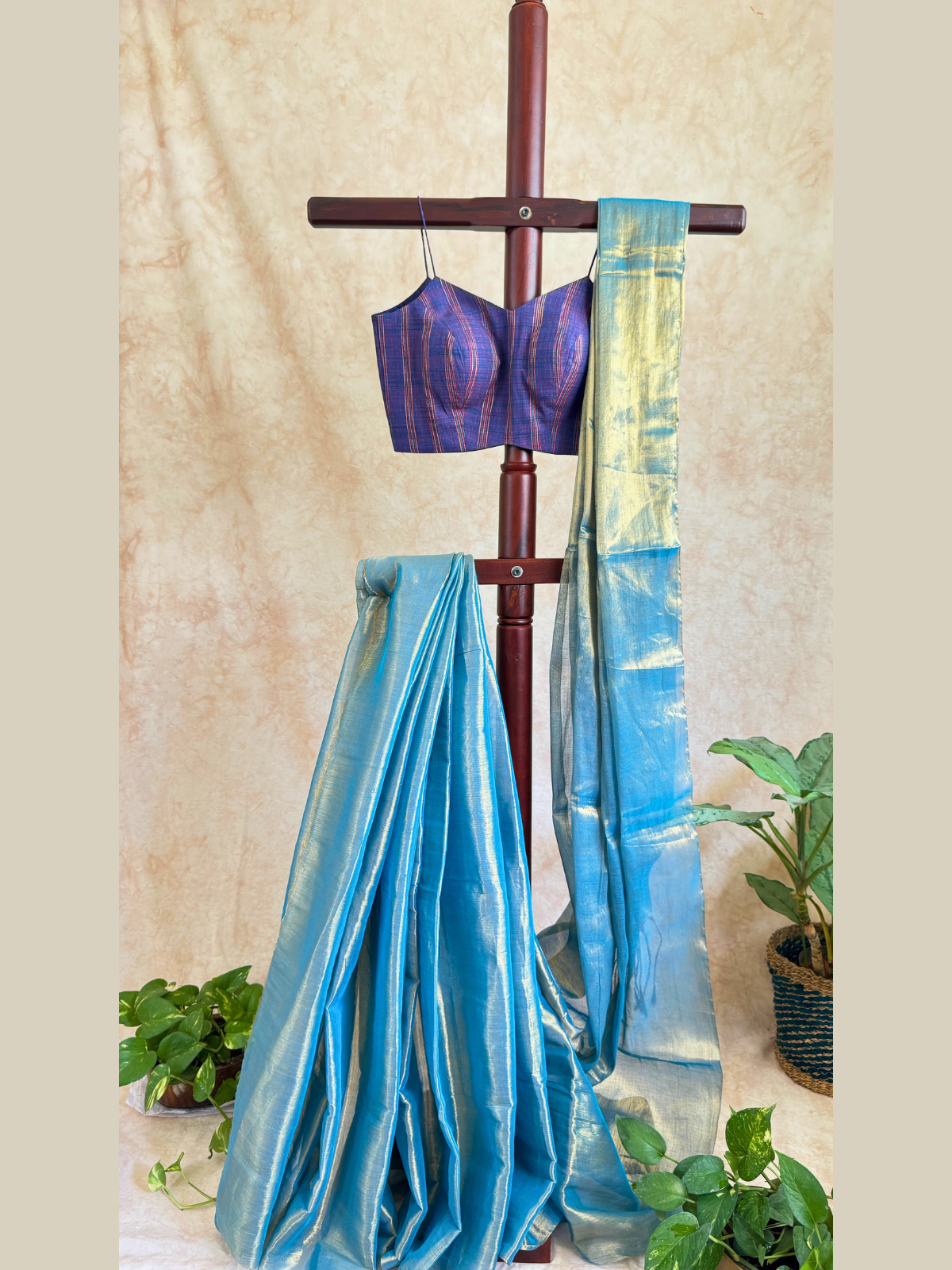 Tissue Silk Saree With Checkered Strap Blouse