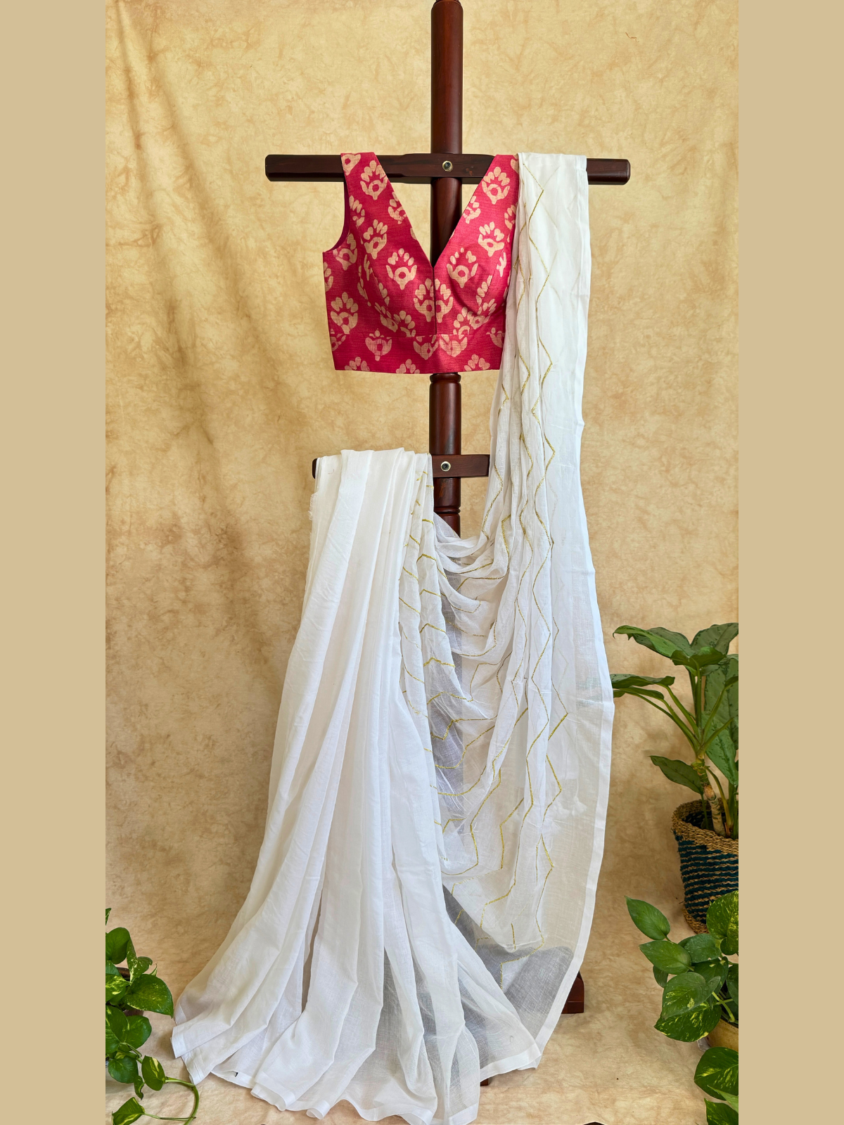 Mul Cotton Zari Work Saree With Hand Block Printed Blouse