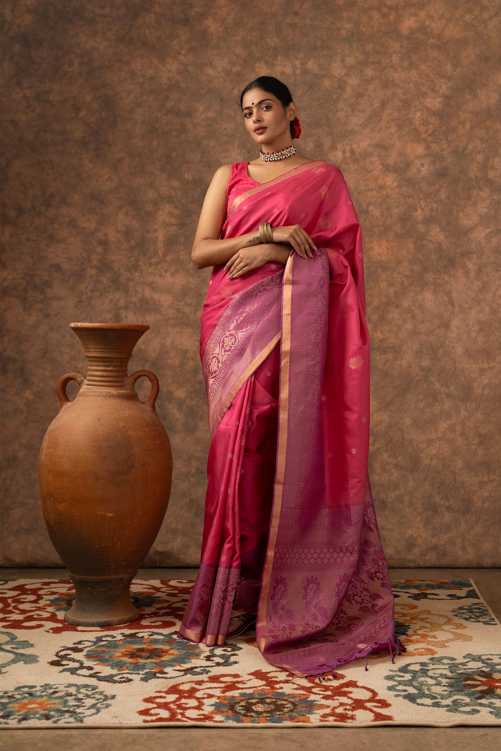 Handwoven Fuchsia Pink and Lavender Kanjeevaram Soft Silk (Double Warp)