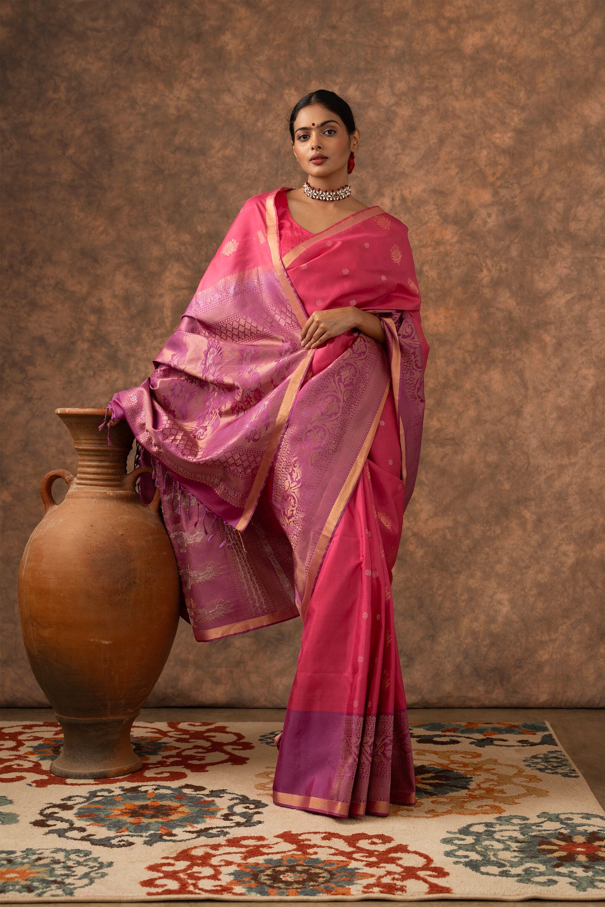 Handwoven Fuchsia Pink and Lavender Kanjeevaram Soft Silk (Double Warp)