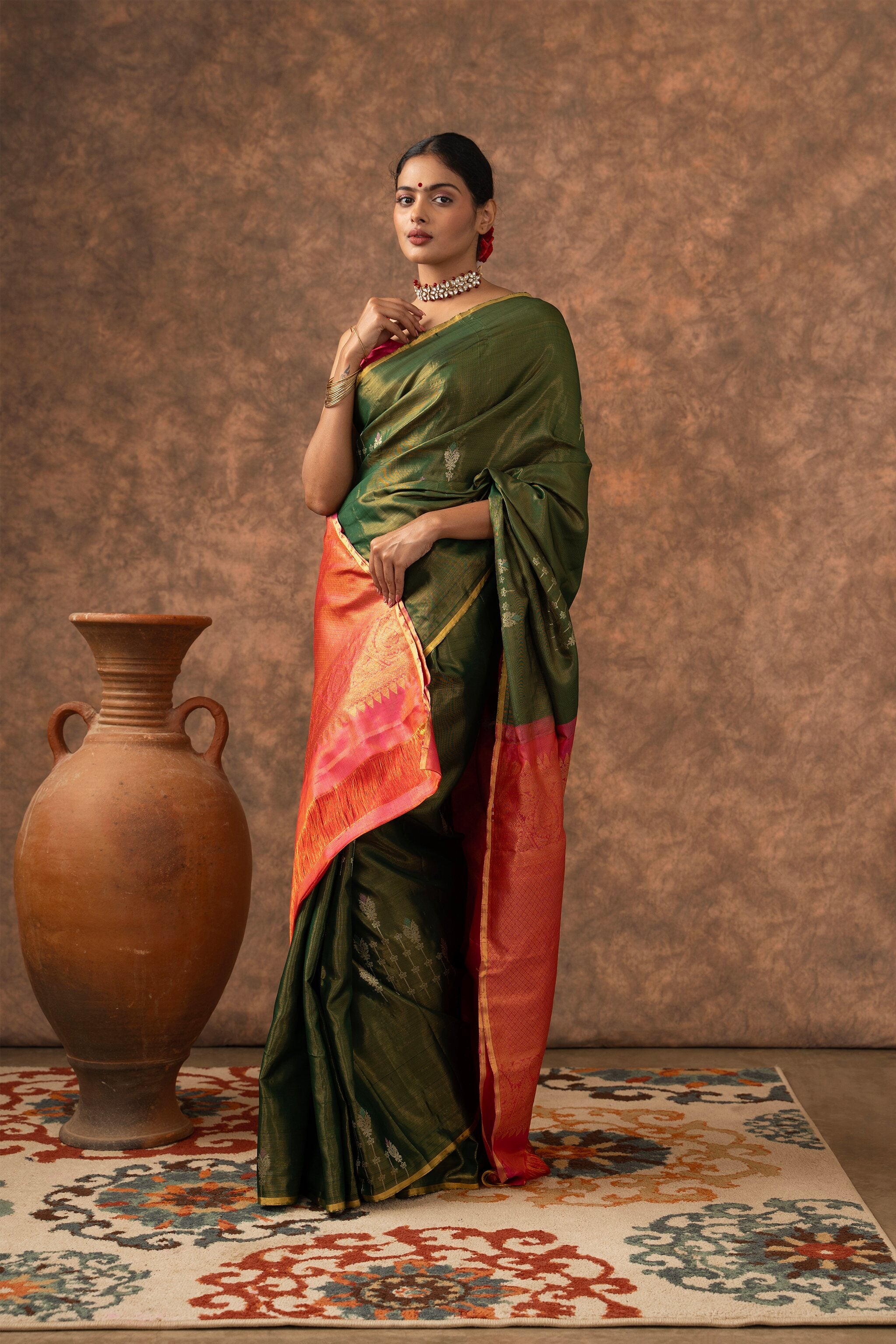 'Sampriti' Forest Green and Coral Kanjeevaram Pure Silk Saree