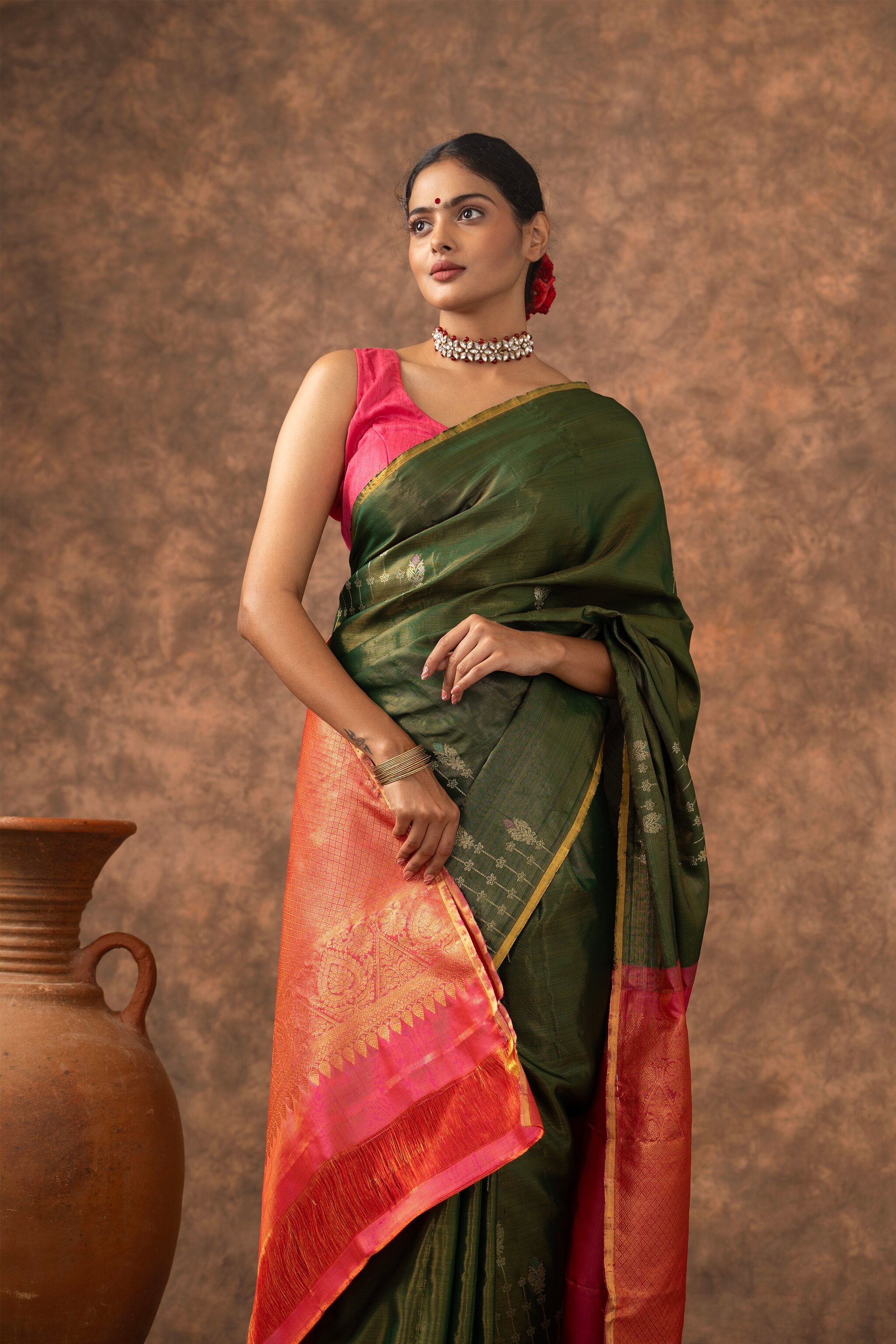 'Sampriti' Forest Green and Coral Kanjeevaram Pure Silk Saree