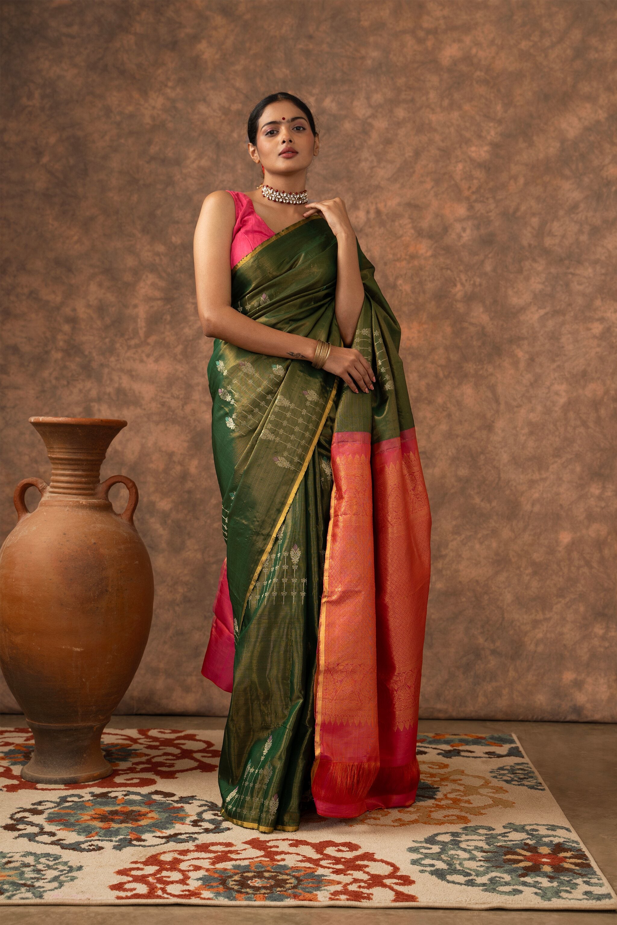 'Sampriti' Forest Green and Coral Kanjeevaram Pure Silk Saree