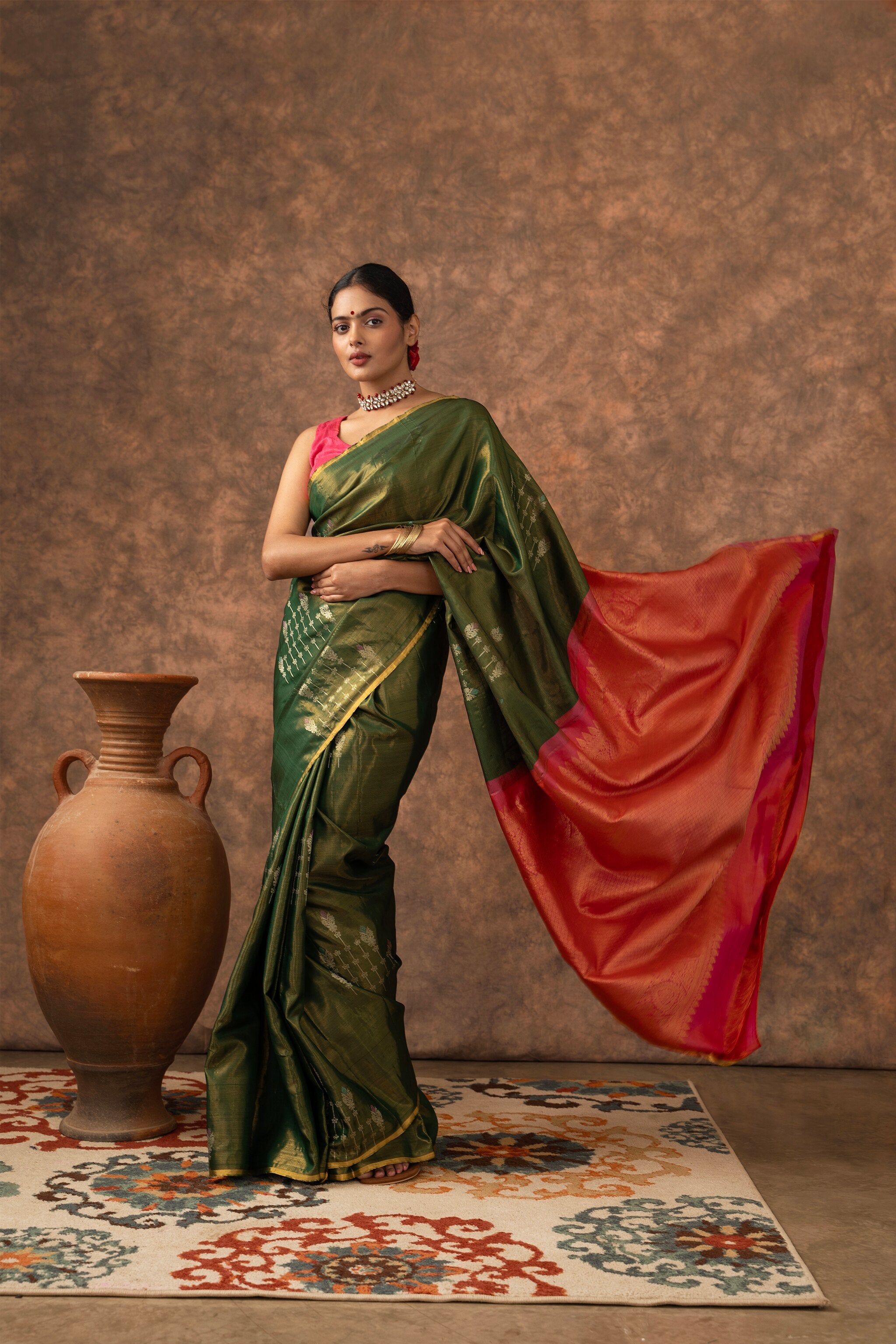 'Sampriti' Forest Green and Coral Kanjeevaram Pure Silk Saree