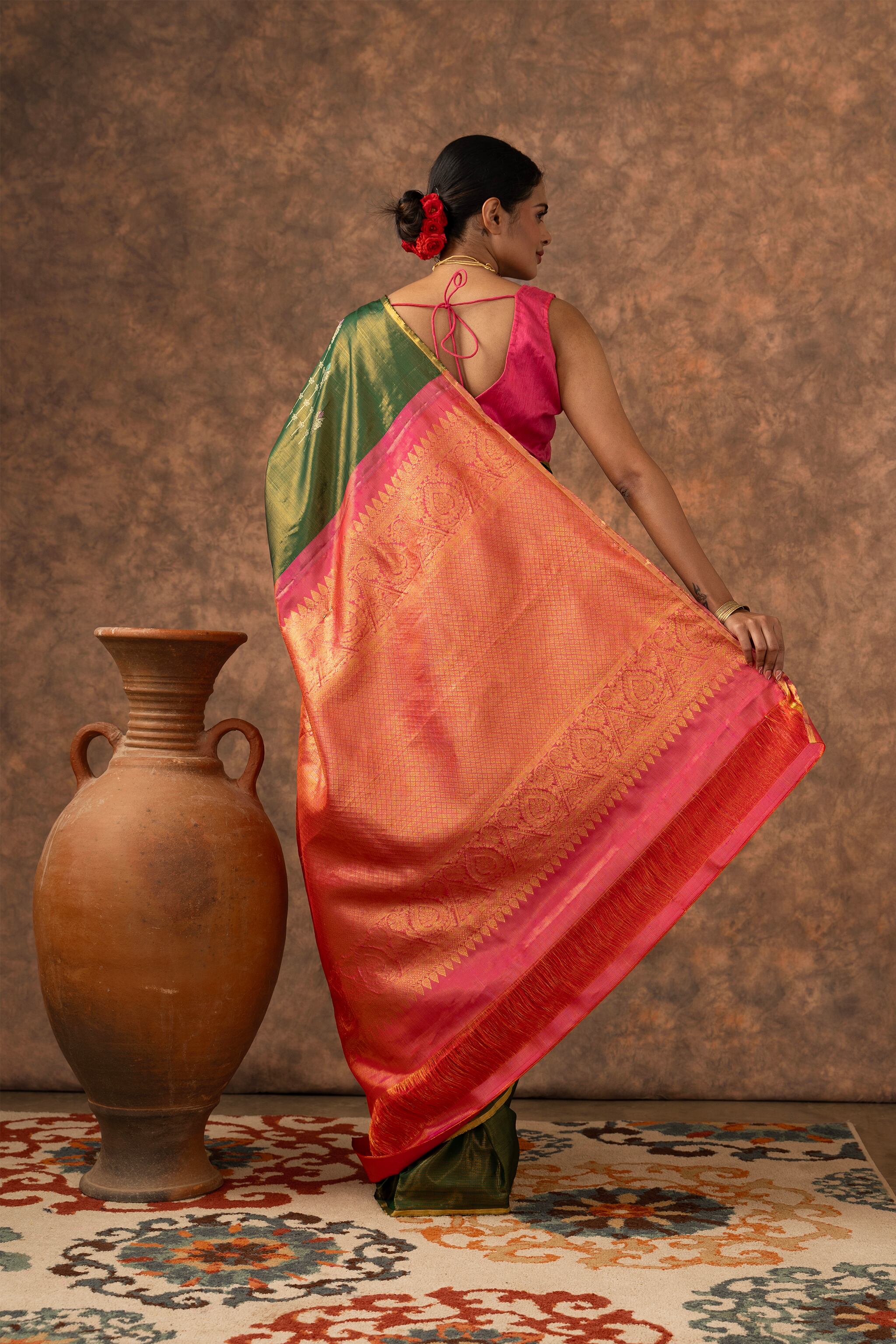 'Sampriti' Forest Green and Coral Kanjeevaram Pure Silk Saree