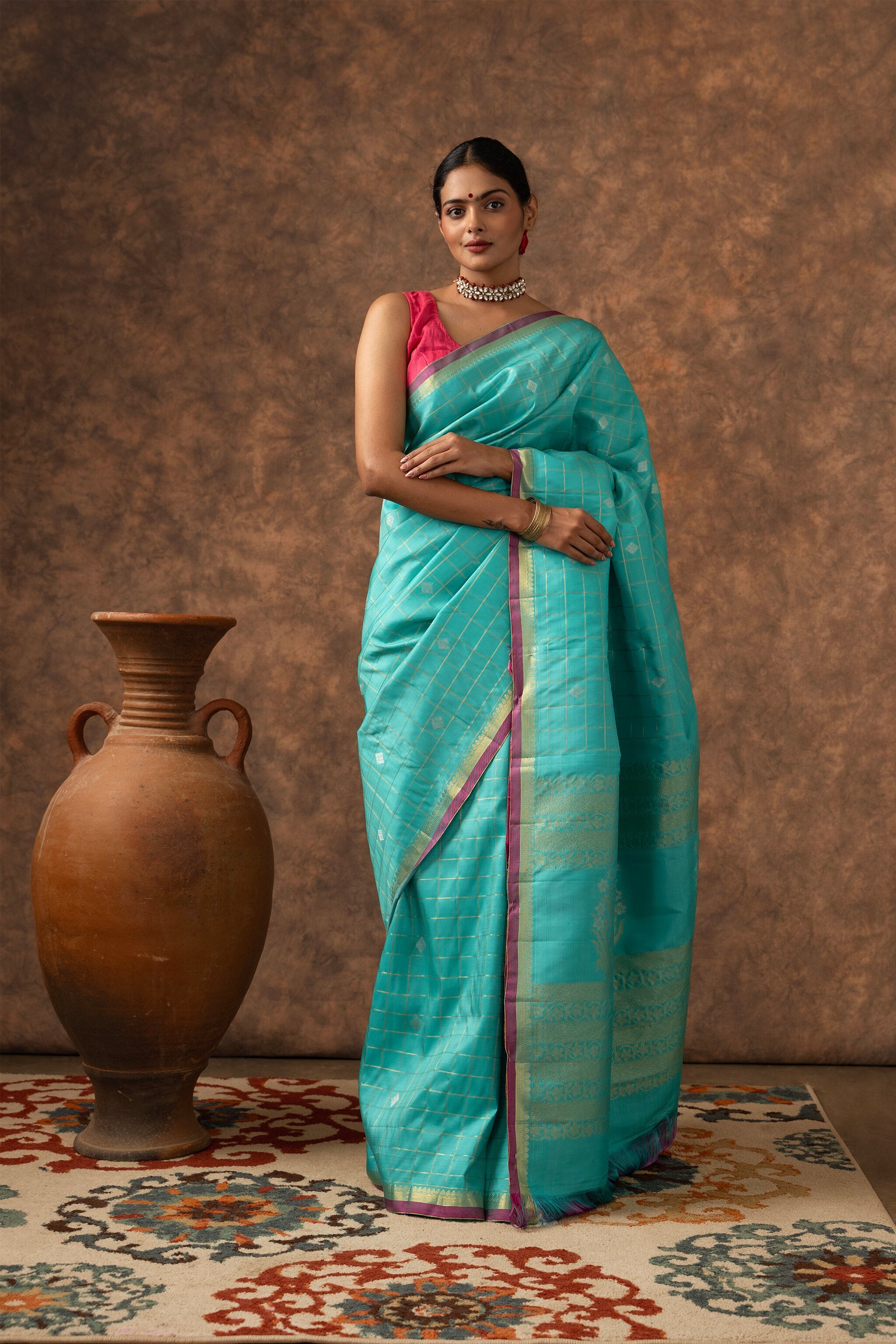'Mira' Aqua Blue and Orchid Pink Kanjeevaram Pure Silk Saree