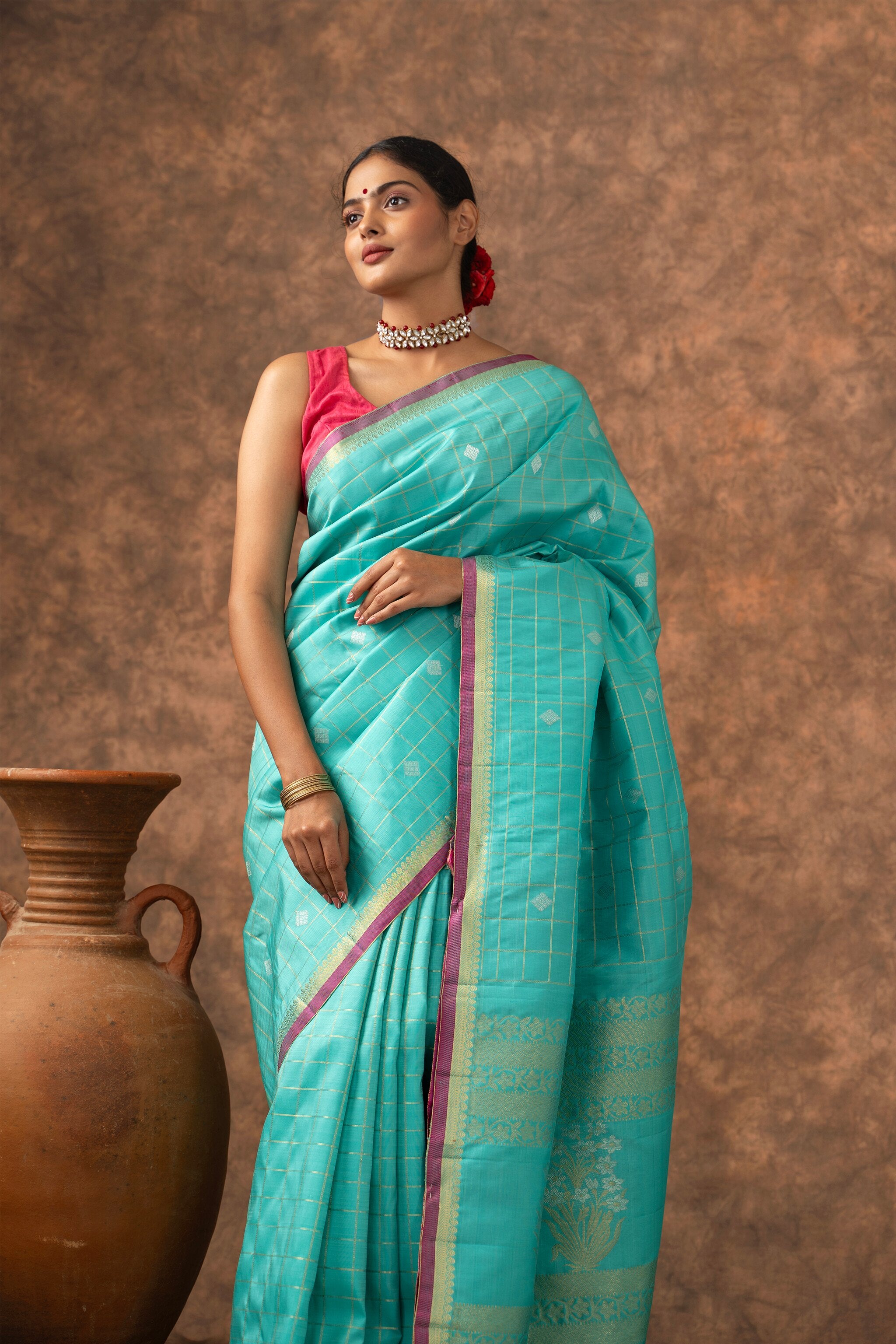 'Mira' Aqua Blue and Orchid Pink Kanjeevaram Pure Silk Saree