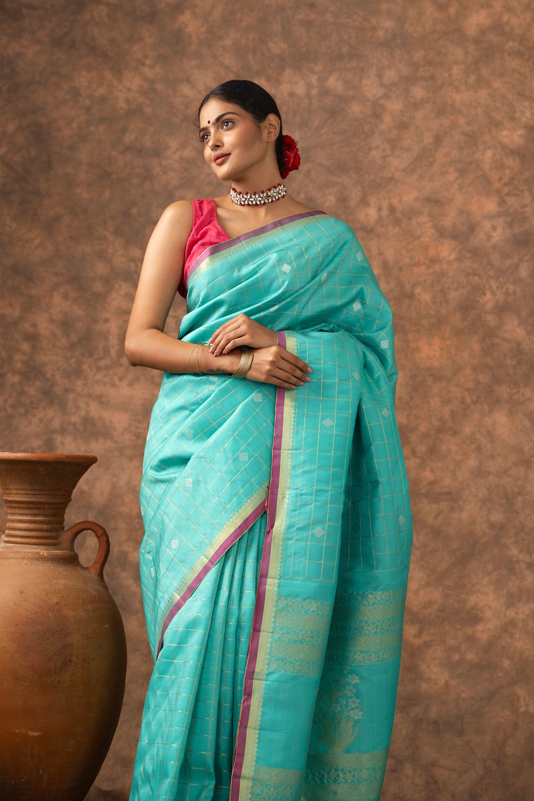 'Mira' Aqua Blue and Orchid Pink Kanjeevaram Pure Silk Saree
