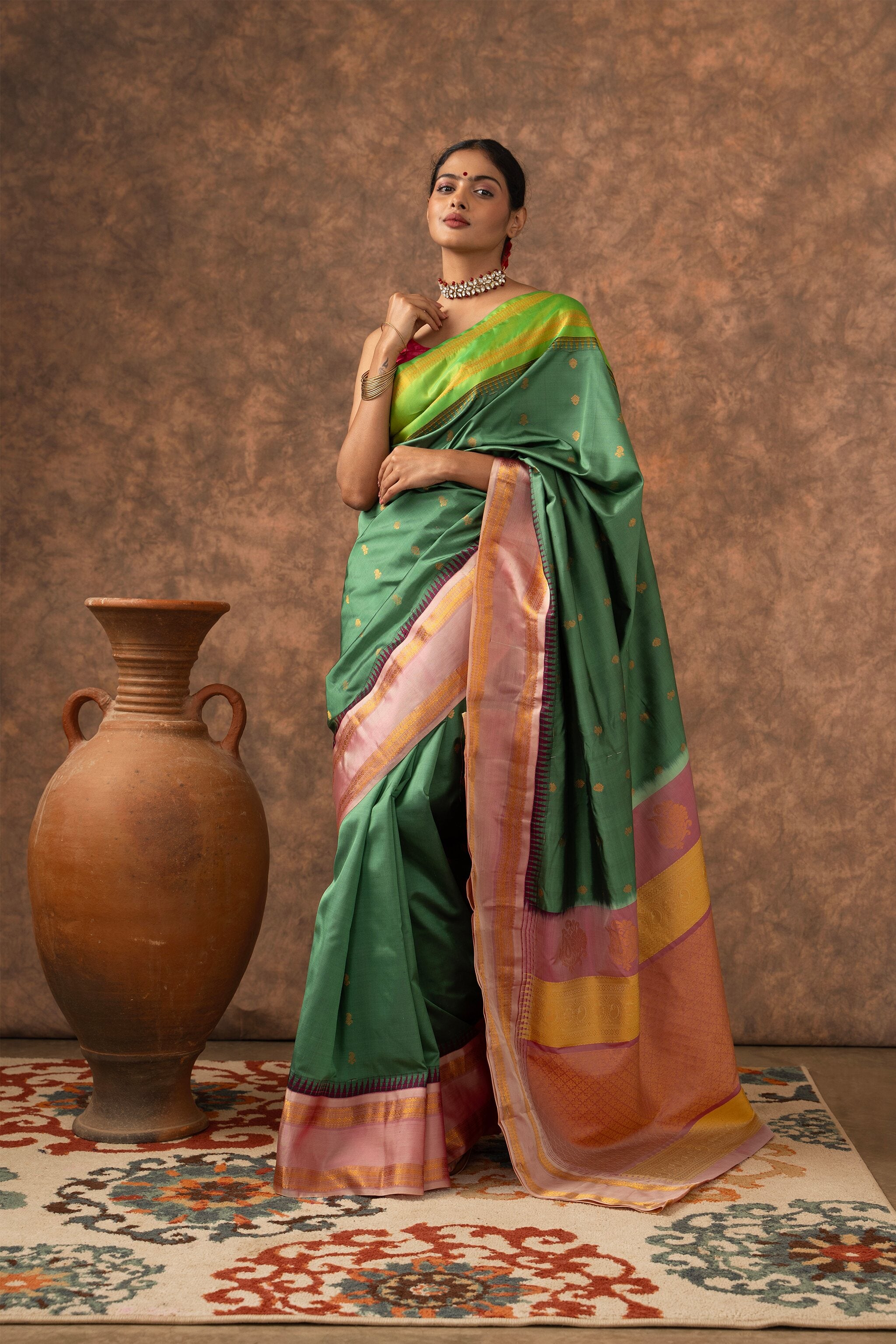 'Bhargavi' Sage Green and Rose Pink Gadwal Silk Saree