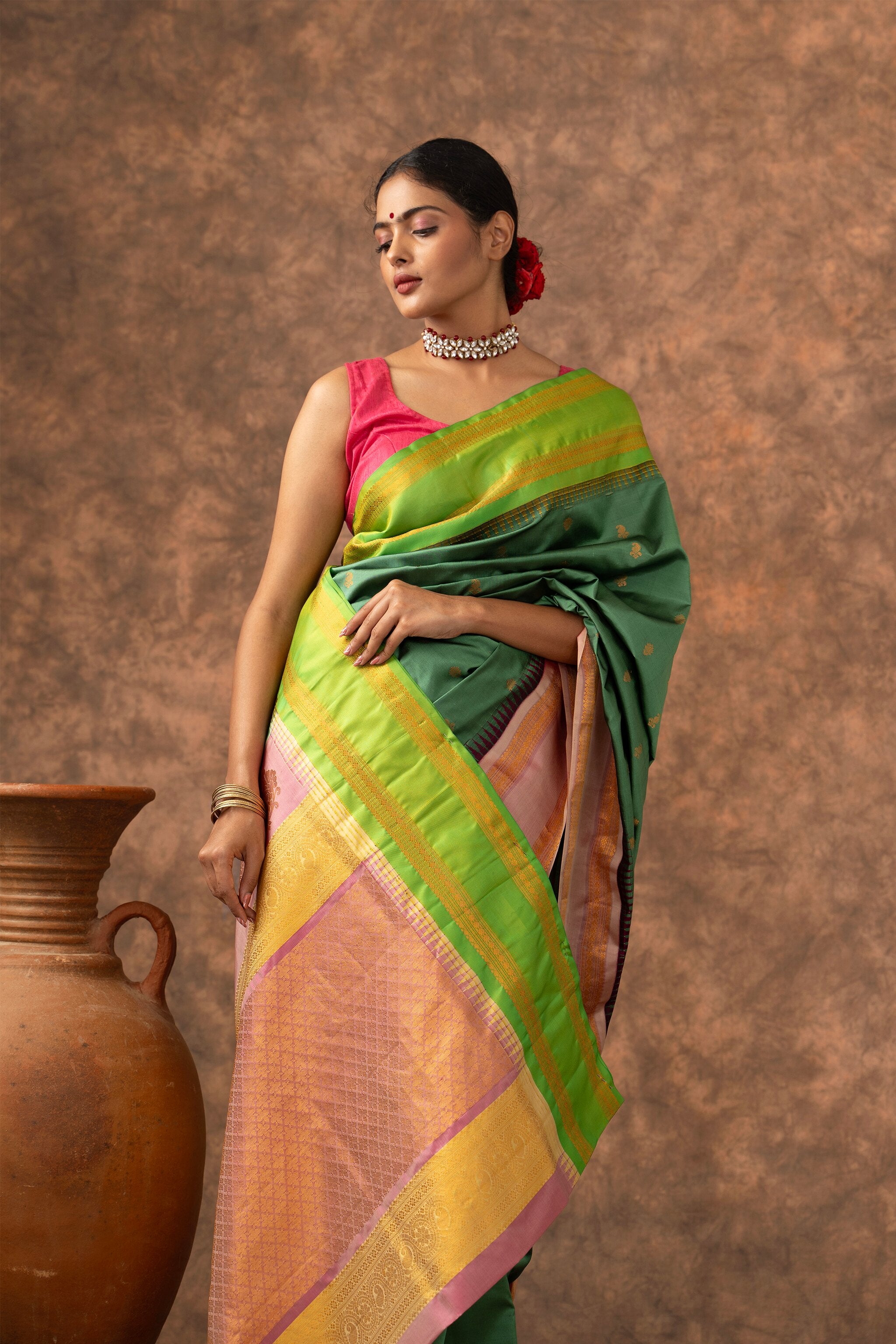'Bhargavi' Sage Green and Rose Pink Gadwal Silk Saree