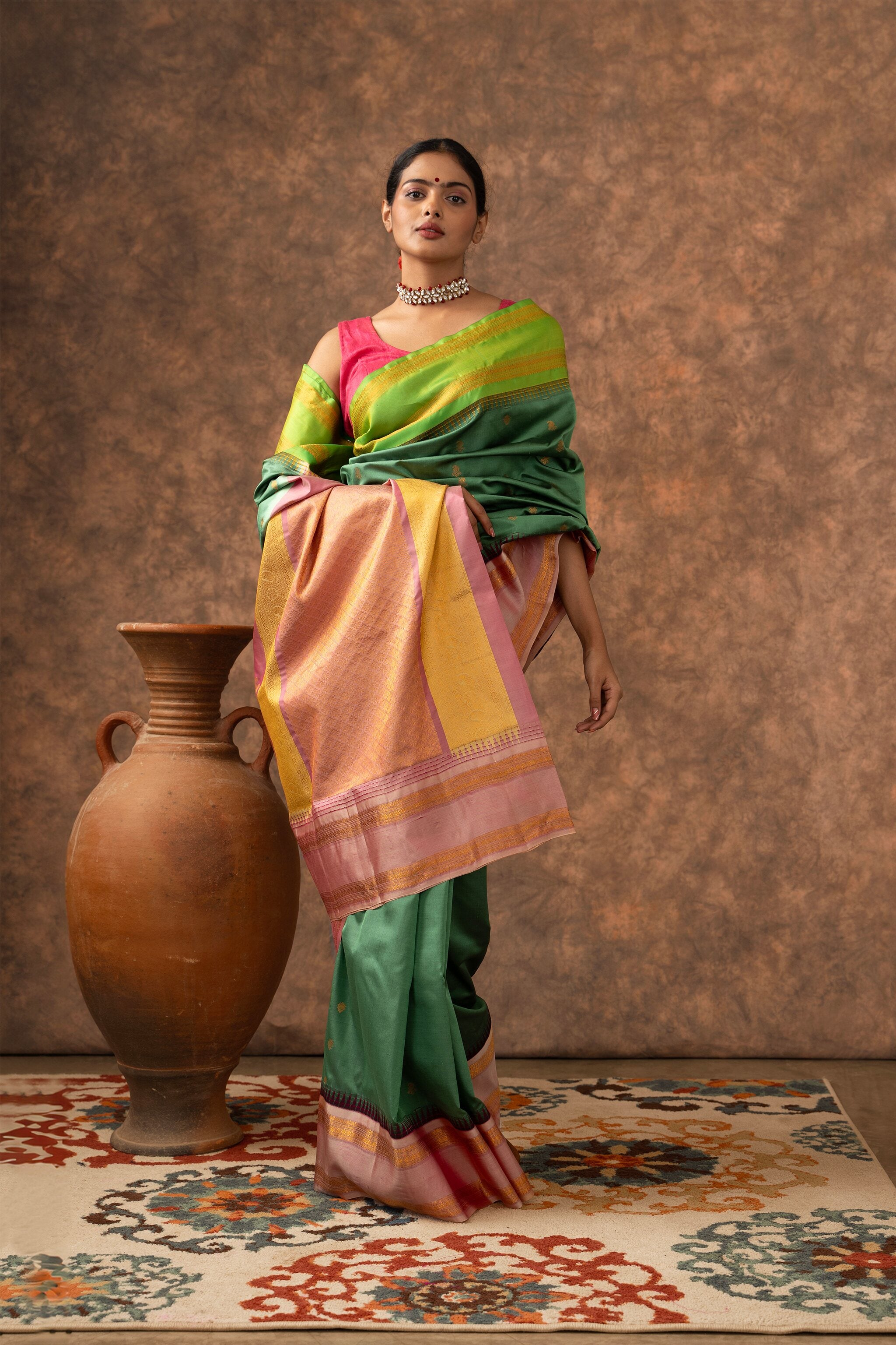 'Bhargavi' Sage Green and Rose Pink Gadwal Silk Saree
