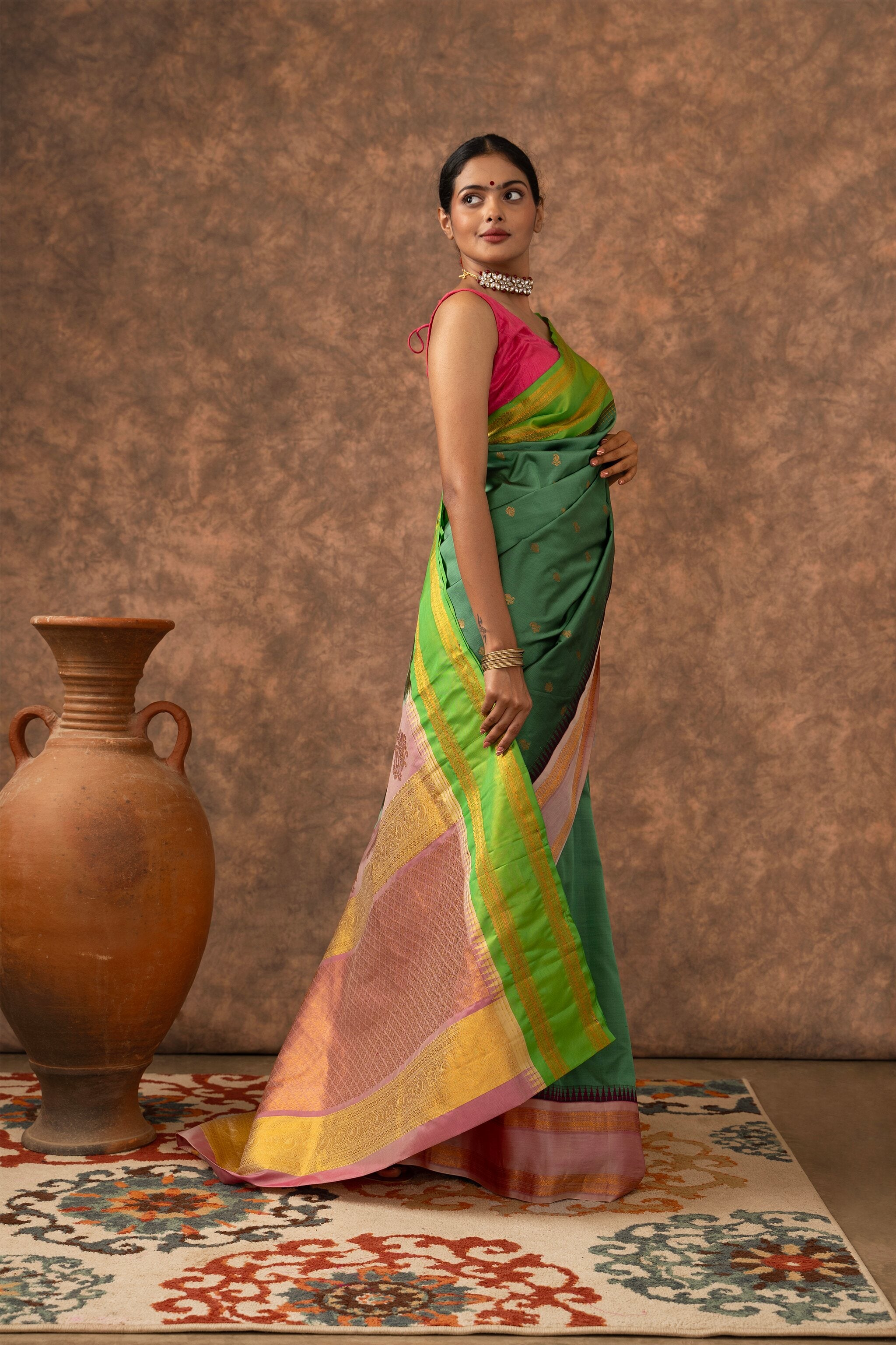 'Bhargavi' Sage Green and Rose Pink Gadwal Silk Saree