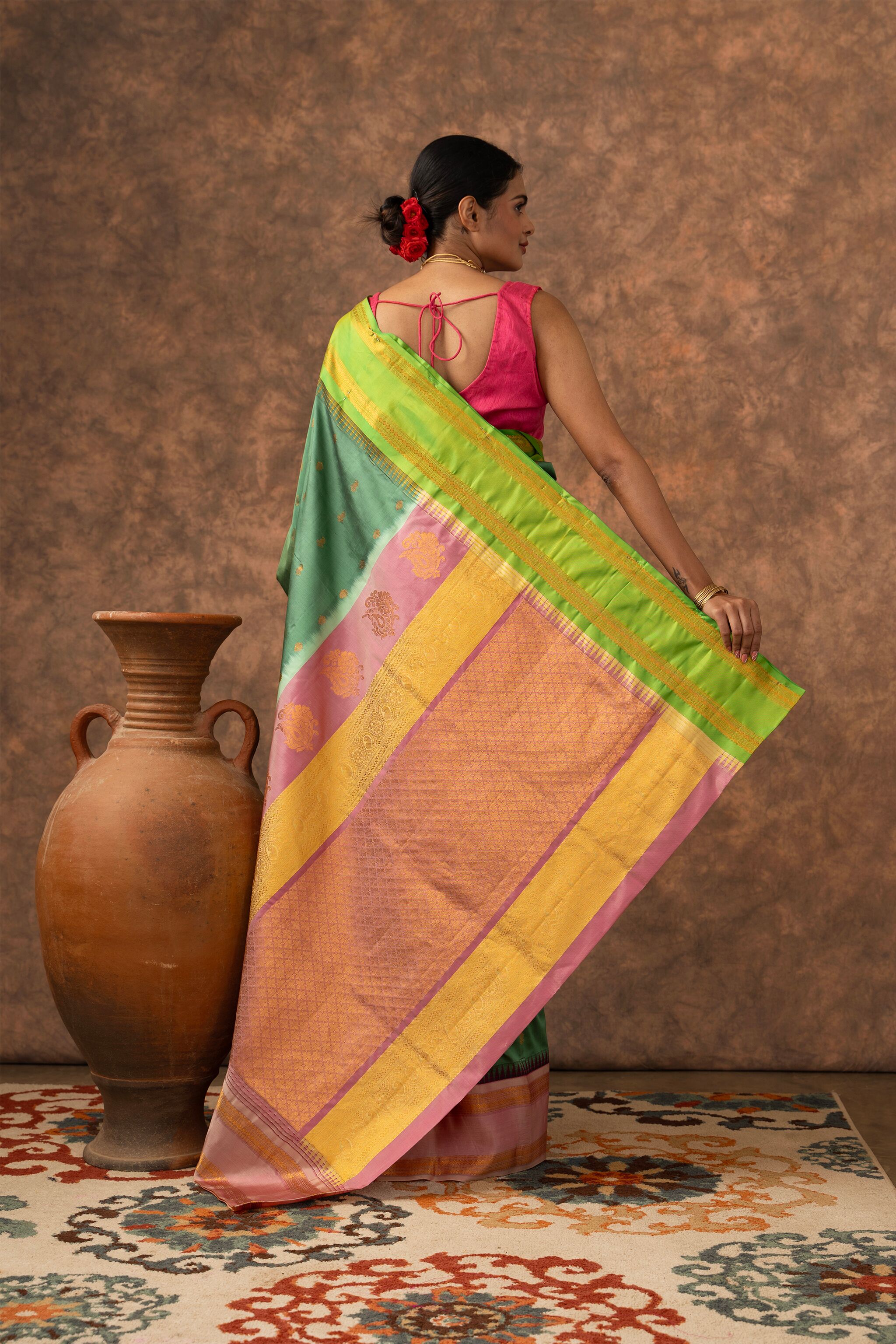 'Bhargavi' Sage Green and Rose Pink Gadwal Silk Saree