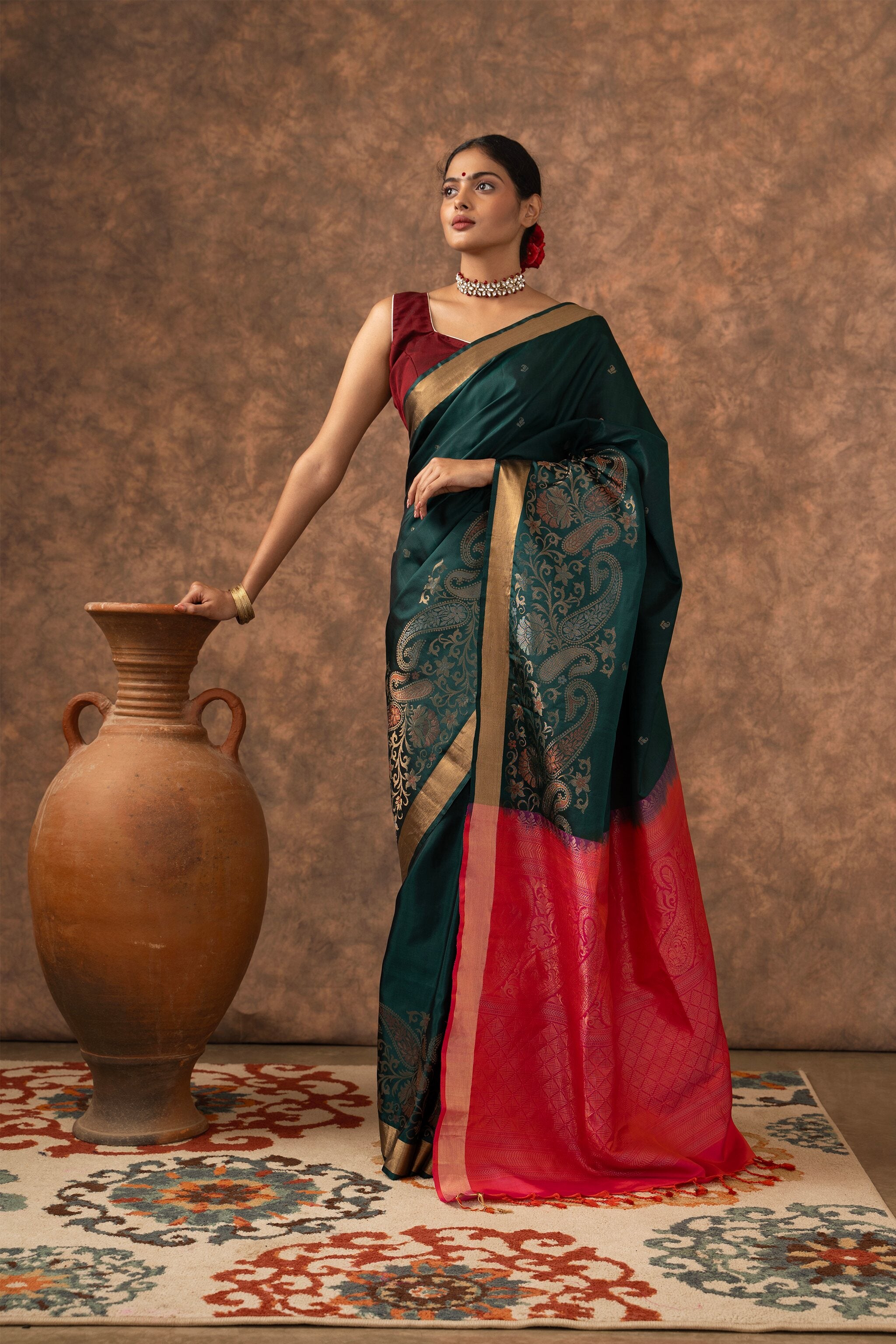 Handwoven Emerald Green and Pink Kanjeevaram Soft Silk (Double Warp)
