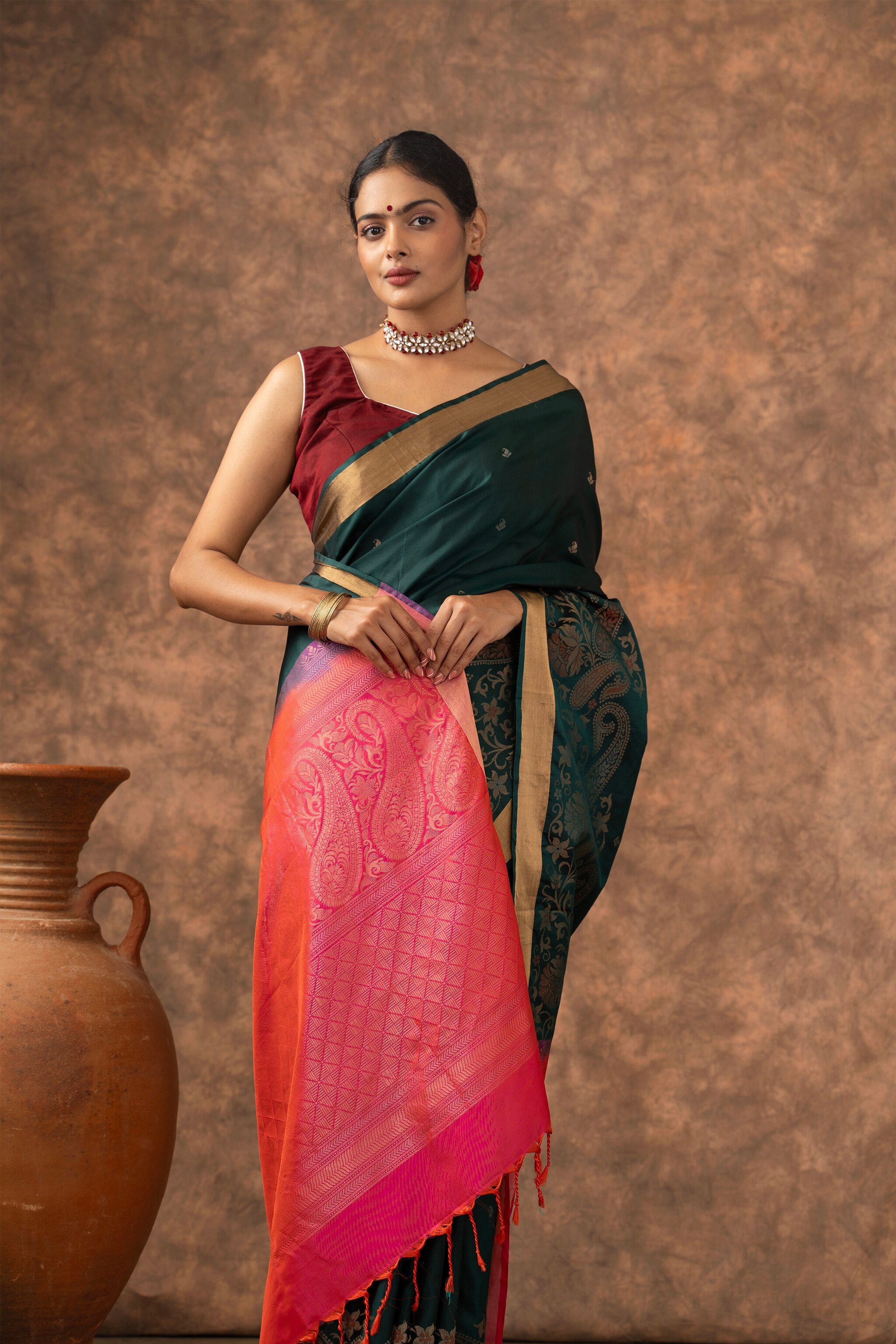 Handwoven Emerald Green and Pink Kanjeevaram Soft Silk (Double Warp)