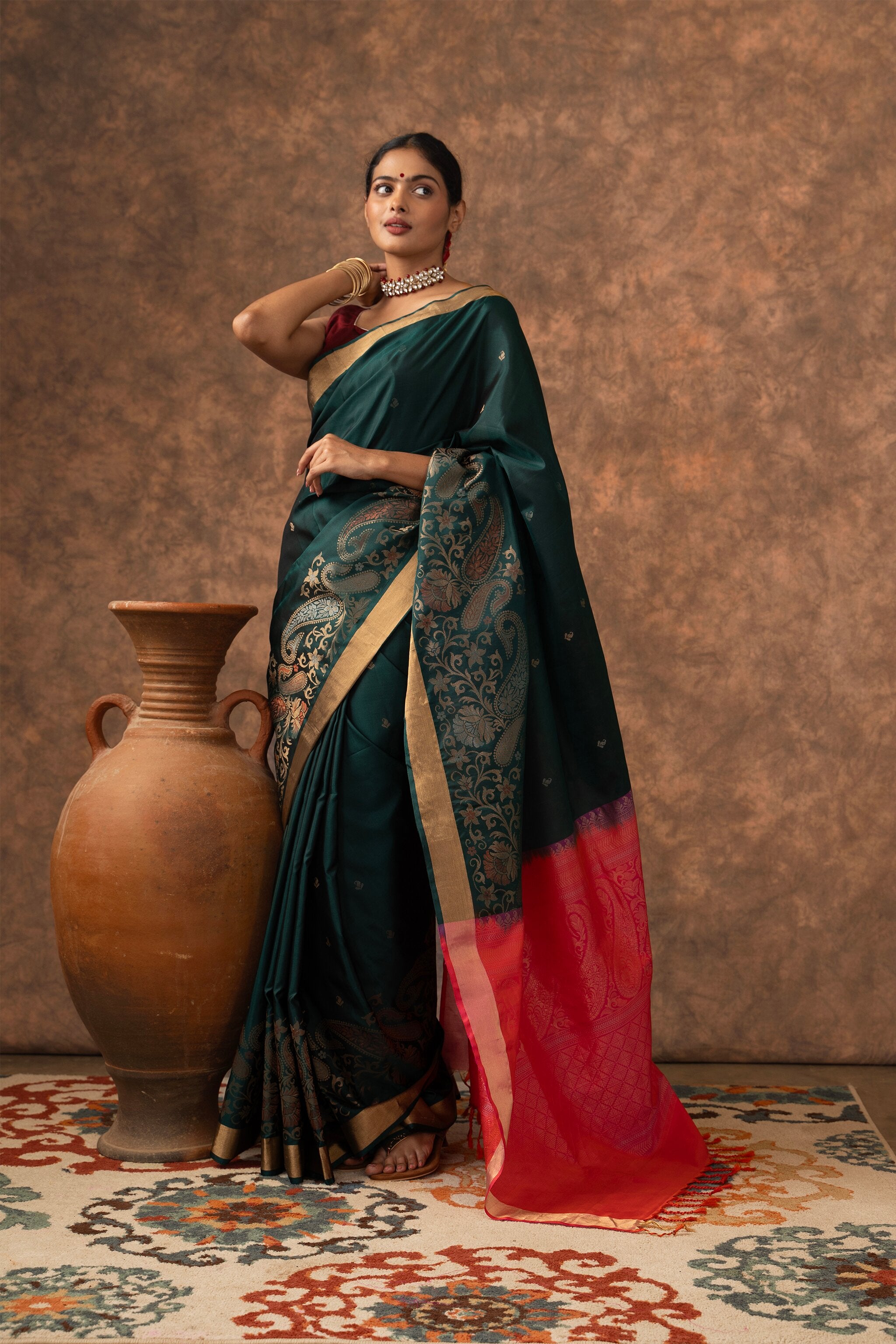 Handwoven Emerald Green and Pink Kanjeevaram Soft Silk (Double Warp)