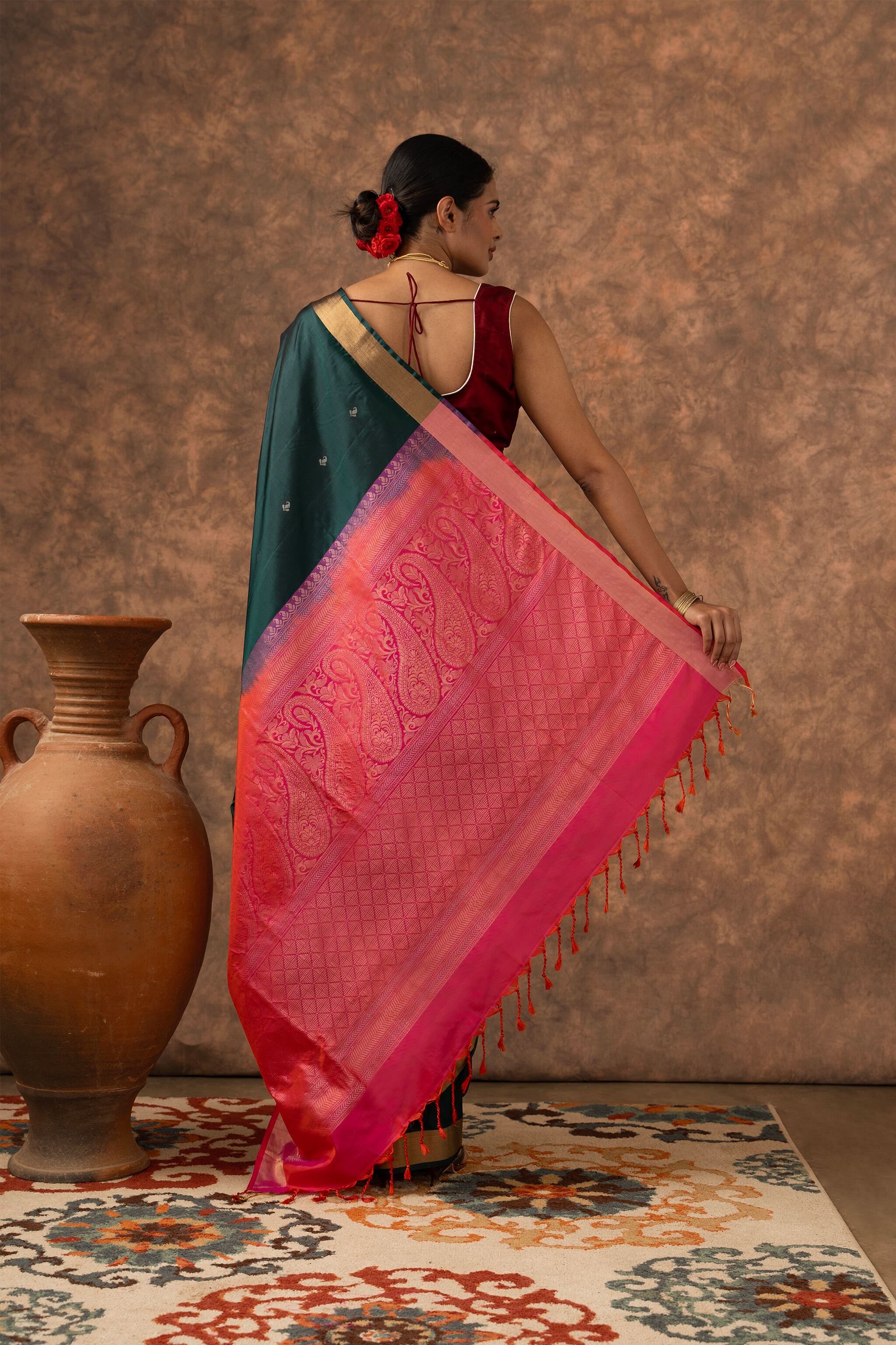 Handwoven Emerald Green and Pink Kanjeevaram Soft Silk (Double Warp)