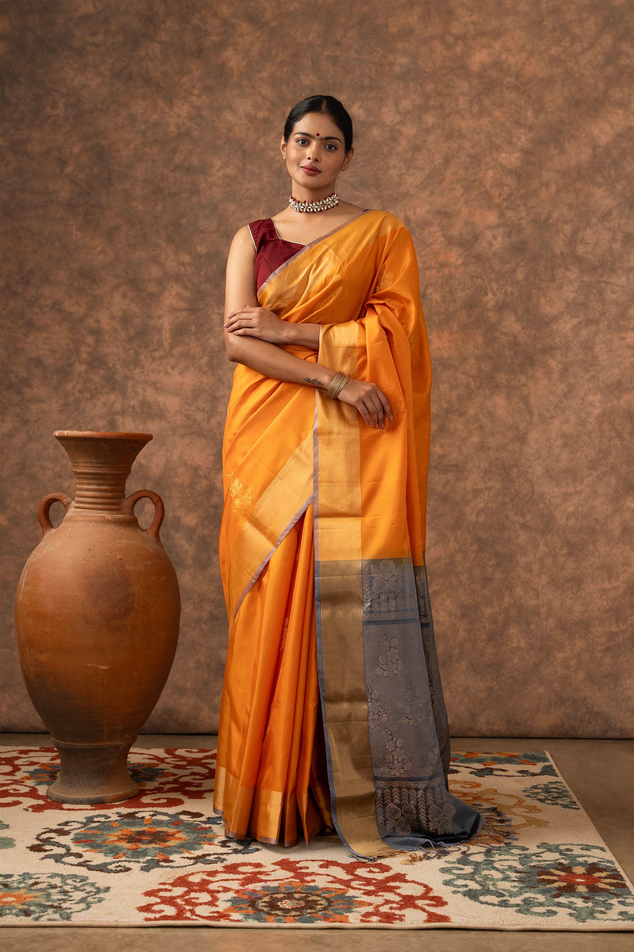 'Surya' Yellow and Grey Kanjeevaram Soft Silk (Double Warp)