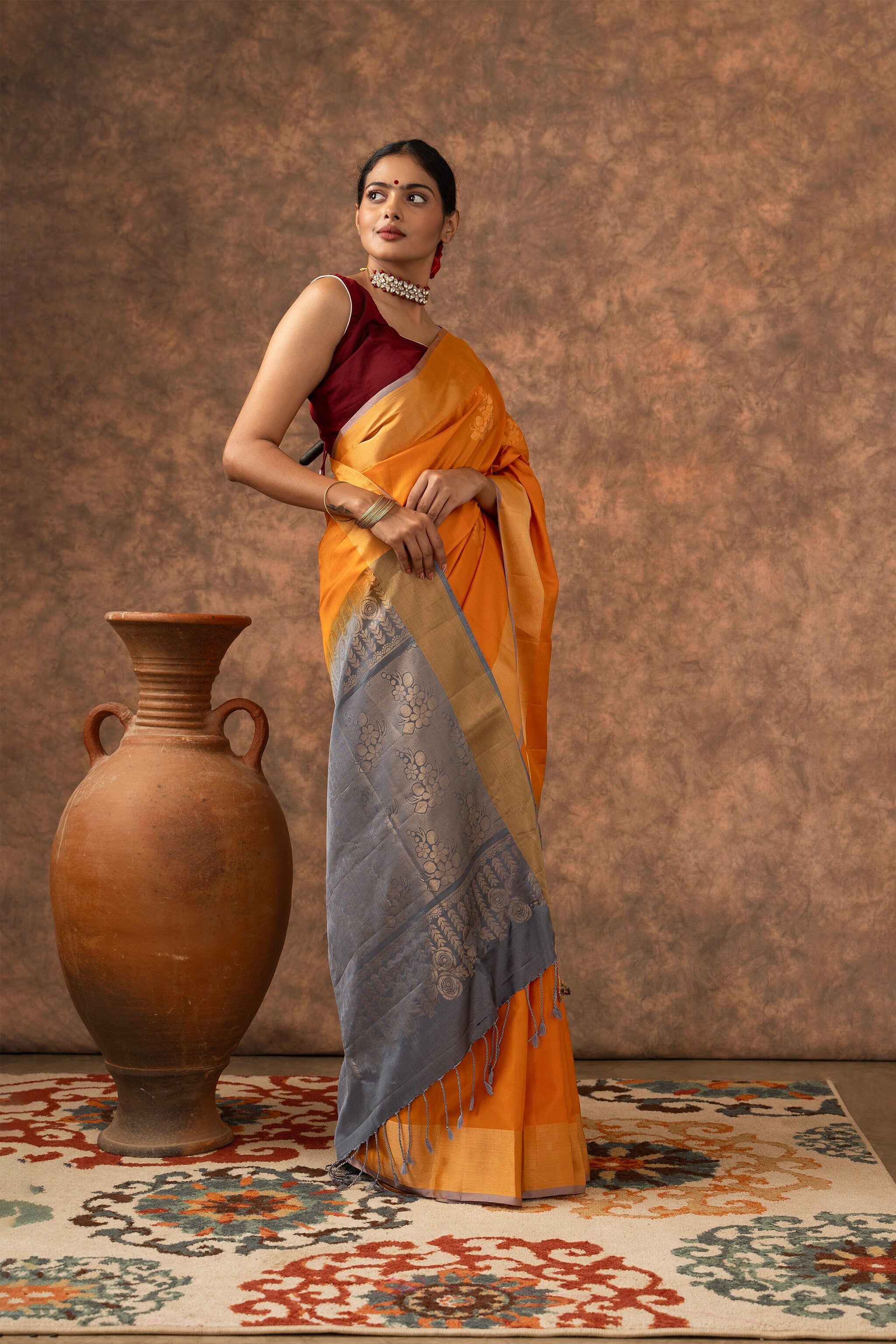 'Surya' Yellow and Grey Kanjeevaram Soft Silk (Double Warp)