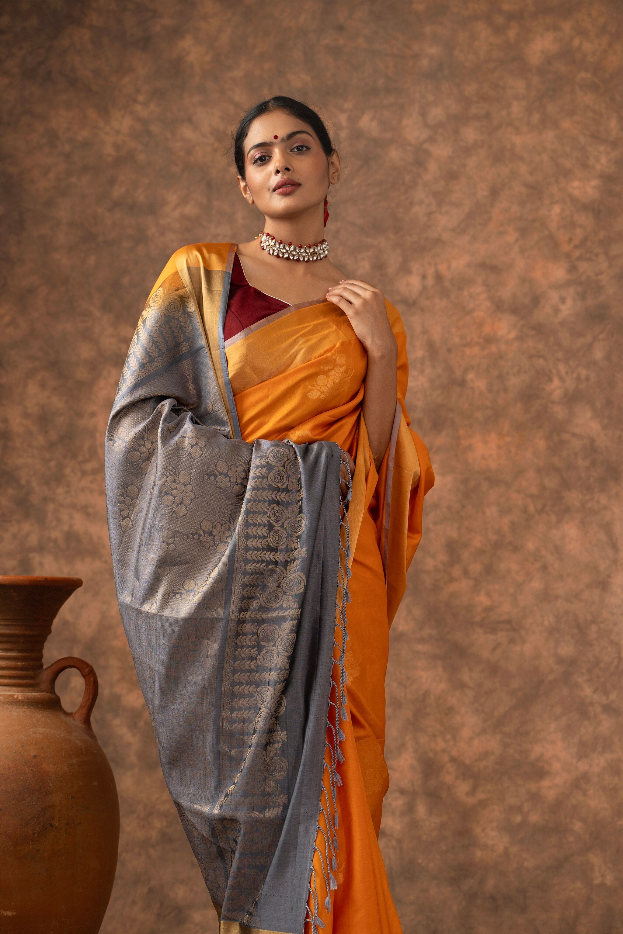 'Surya' Yellow and Grey Kanjeevaram Soft Silk (Double Warp)