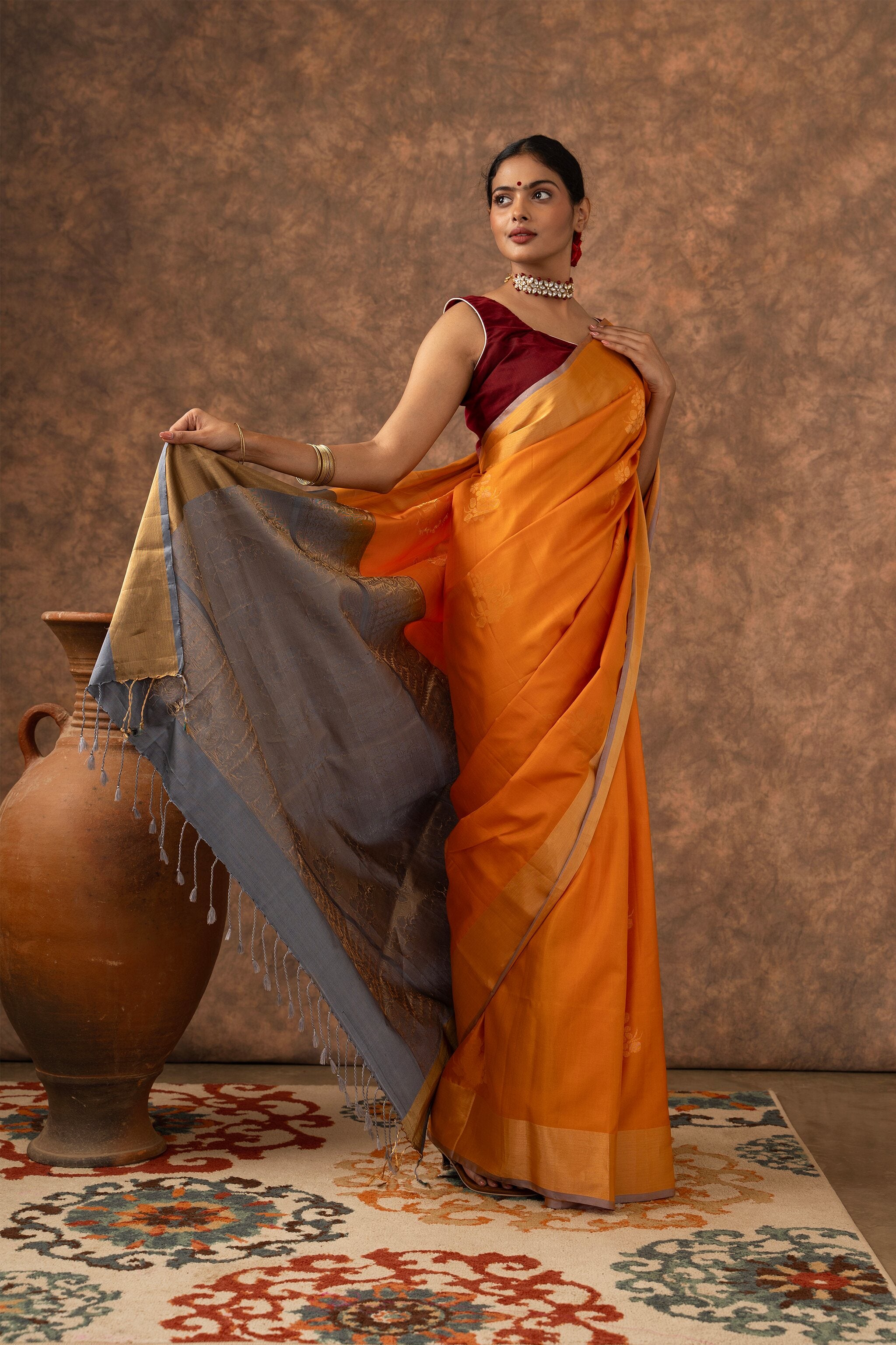 'Surya' Yellow and Grey Kanjeevaram Soft Silk (Double Warp)
