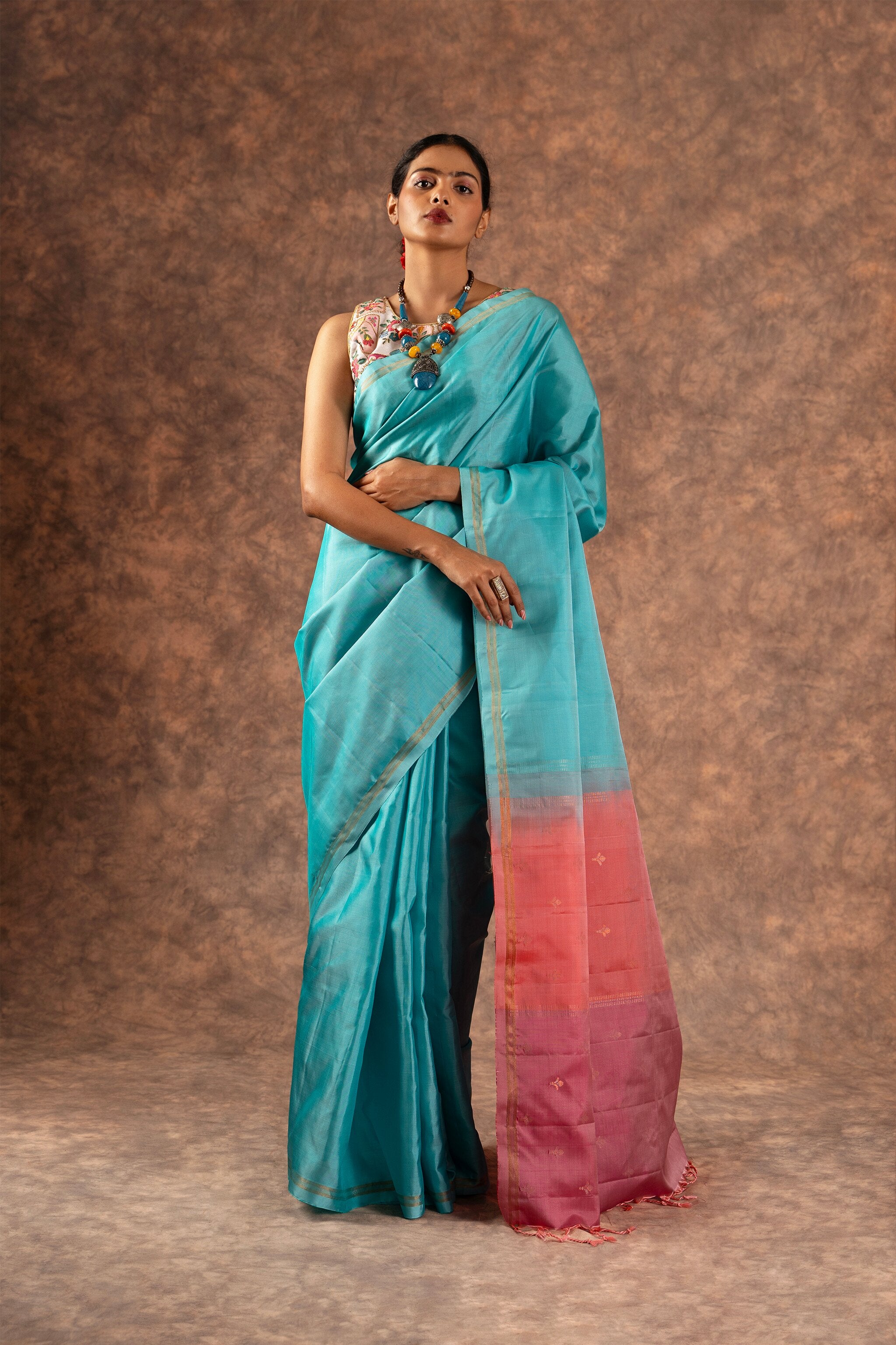 'Neerja' Aqua Blue and Coral Kanjeevaram Soft Silk (Single Warp)