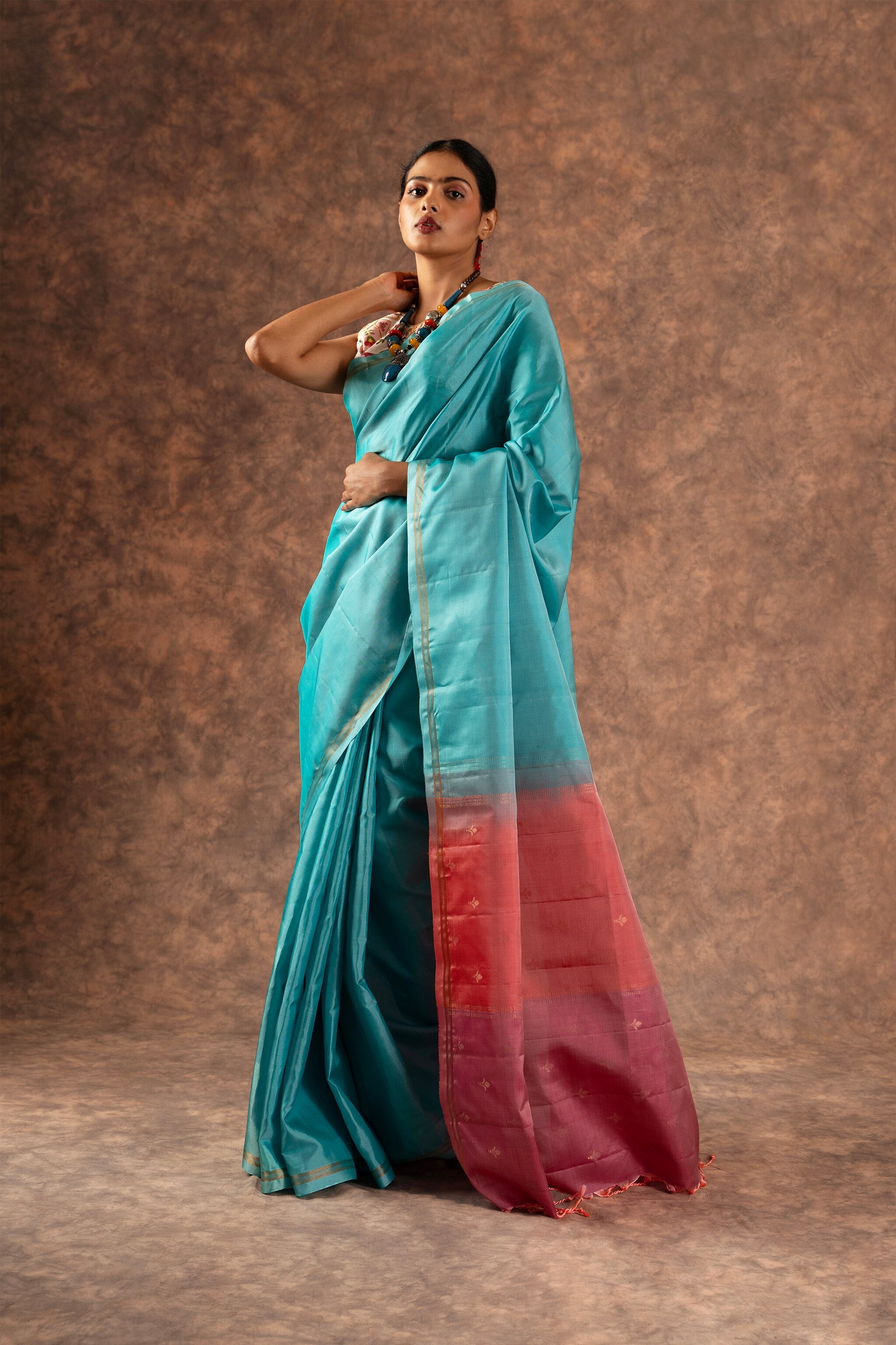 'Neerja' Aqua Blue and Coral Kanjeevaram Soft Silk (Single Warp)