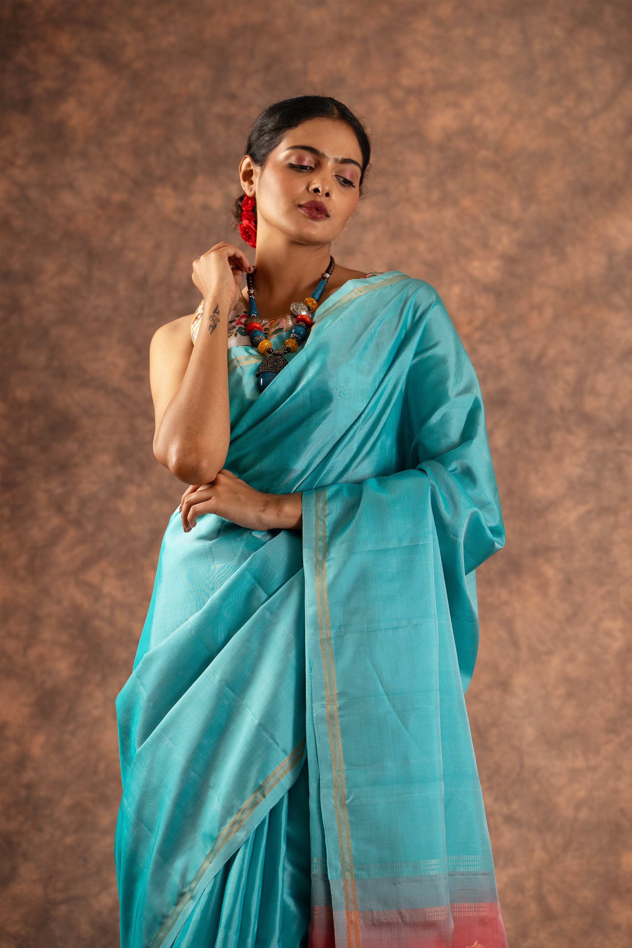 'Neerja' Aqua Blue and Coral Kanjeevaram Soft Silk (Single Warp)