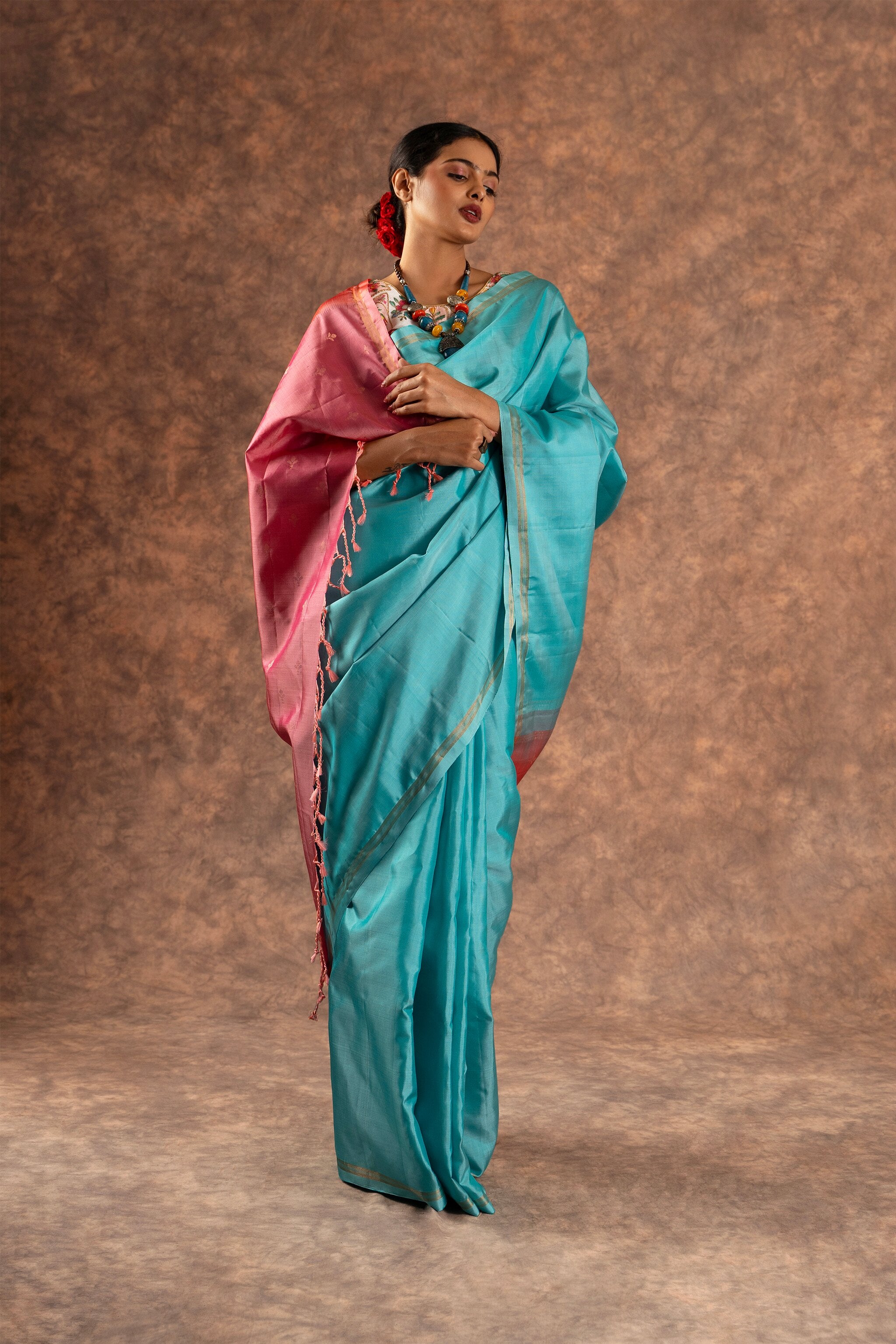 'Neerja' Aqua Blue and Coral Kanjeevaram Soft Silk (Single Warp)
