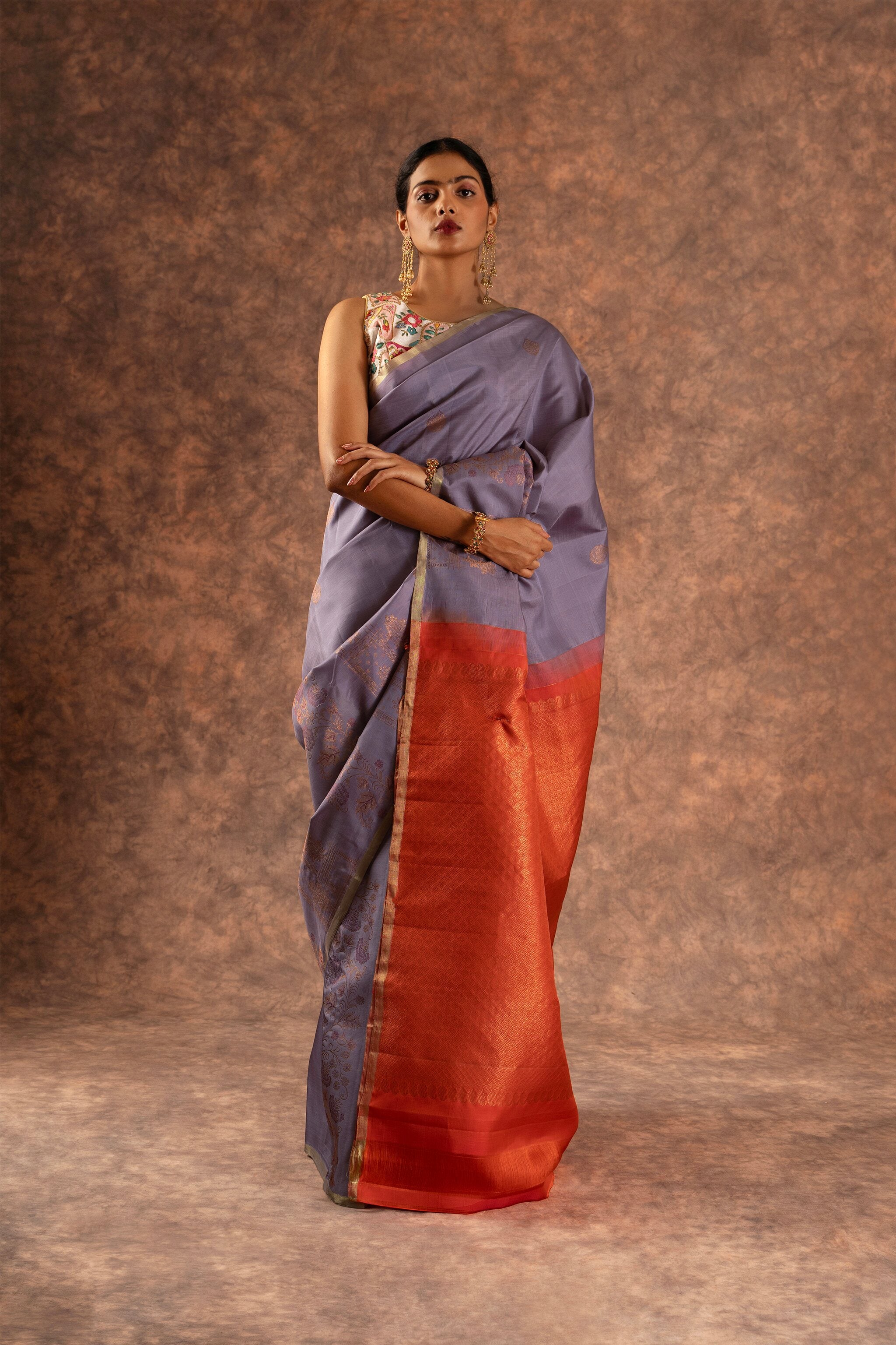 'Ahalya' Lavender and Burnt Orange Kanjeevaram Pure Silk