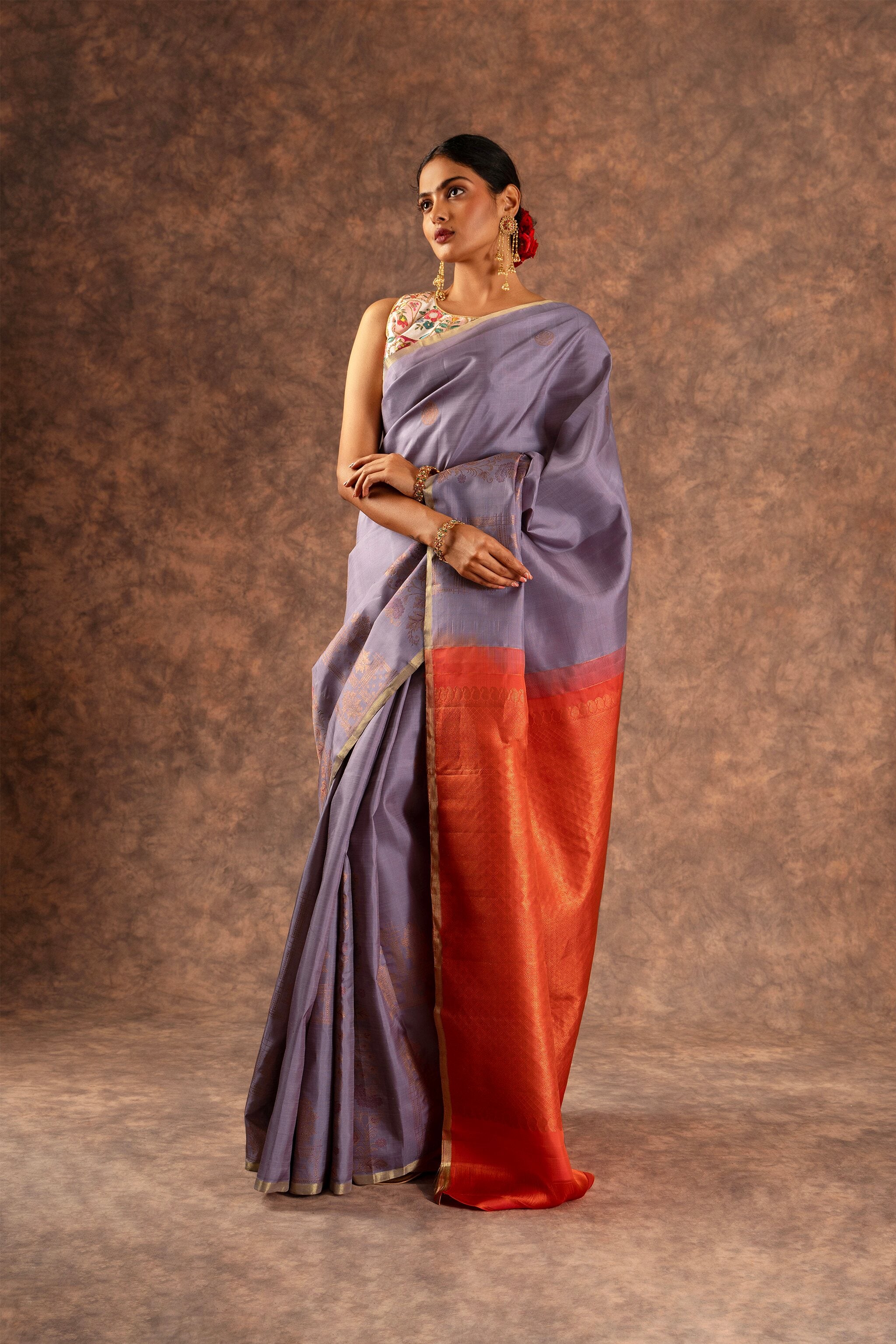 'Ahalya' Lavender and Burnt Orange Kanjeevaram Pure Silk
