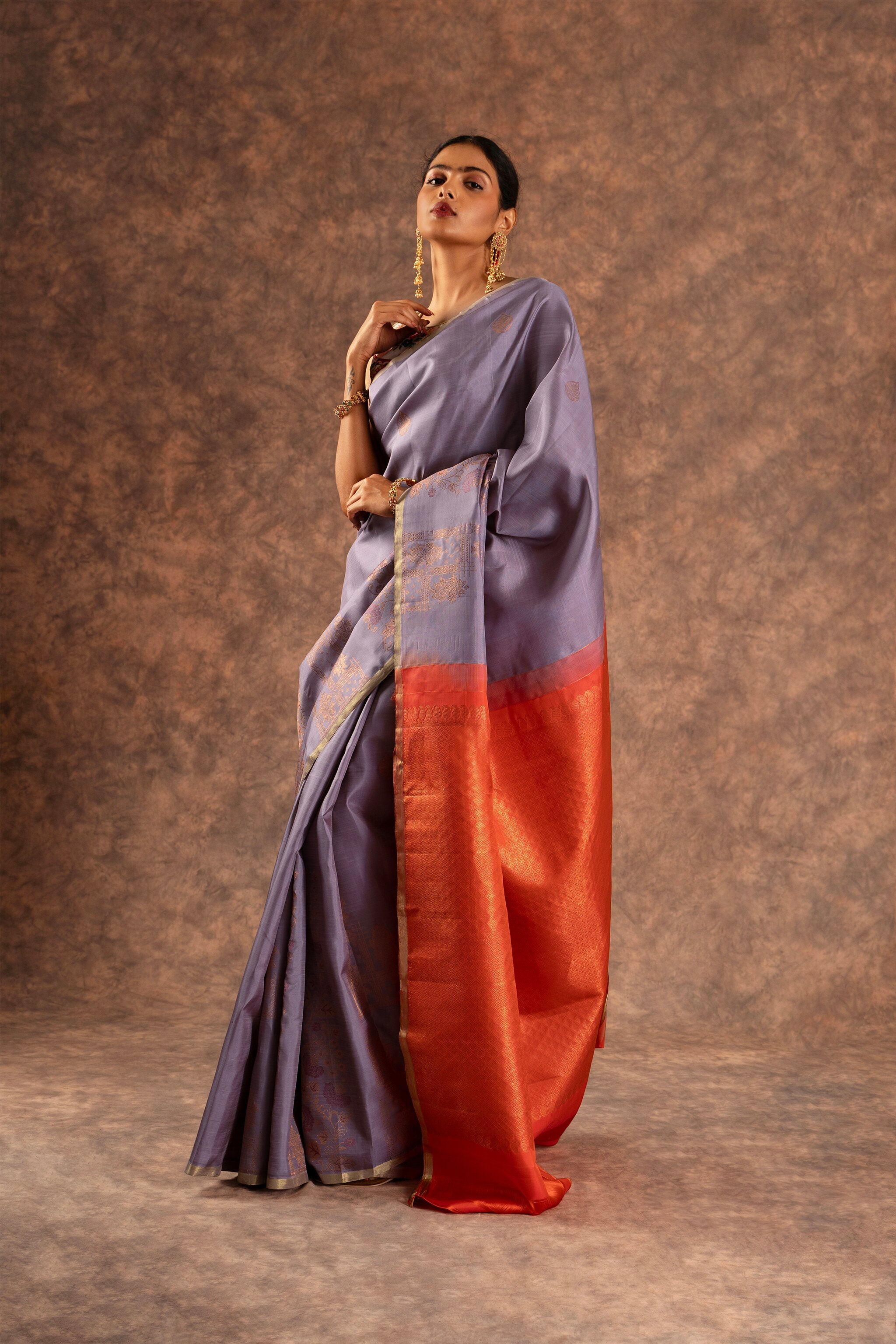'Ahalya' Lavender and Burnt Orange Kanjeevaram Pure Silk