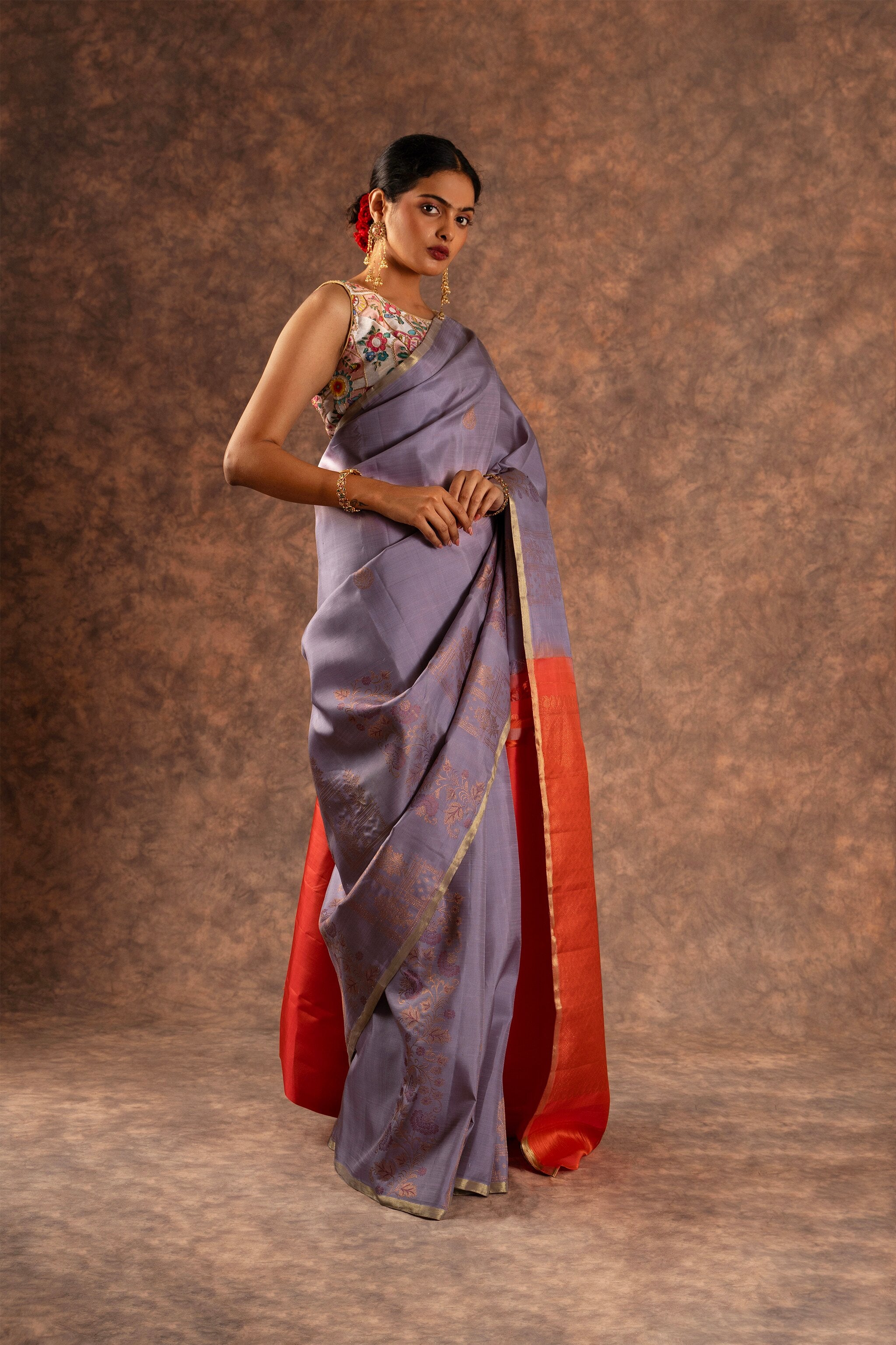'Ahalya' Lavender and Burnt Orange Kanjeevaram Pure Silk