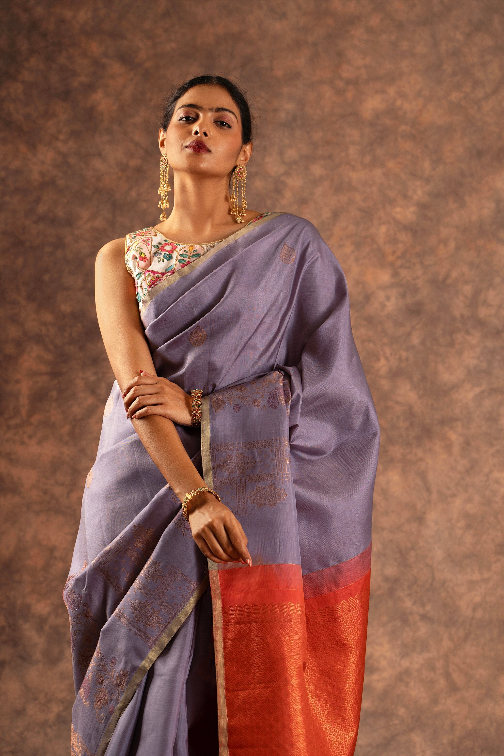 'Ahalya' Lavender and Burnt Orange Kanjeevaram Pure Silk