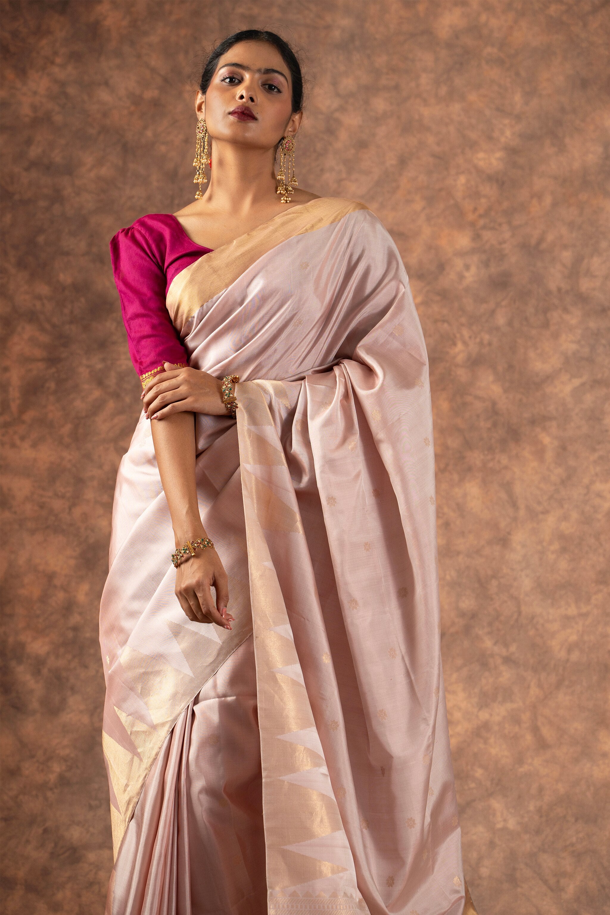 'Sanjana' Light Beige Kanjeevaram Soft Silk (Double Warp)