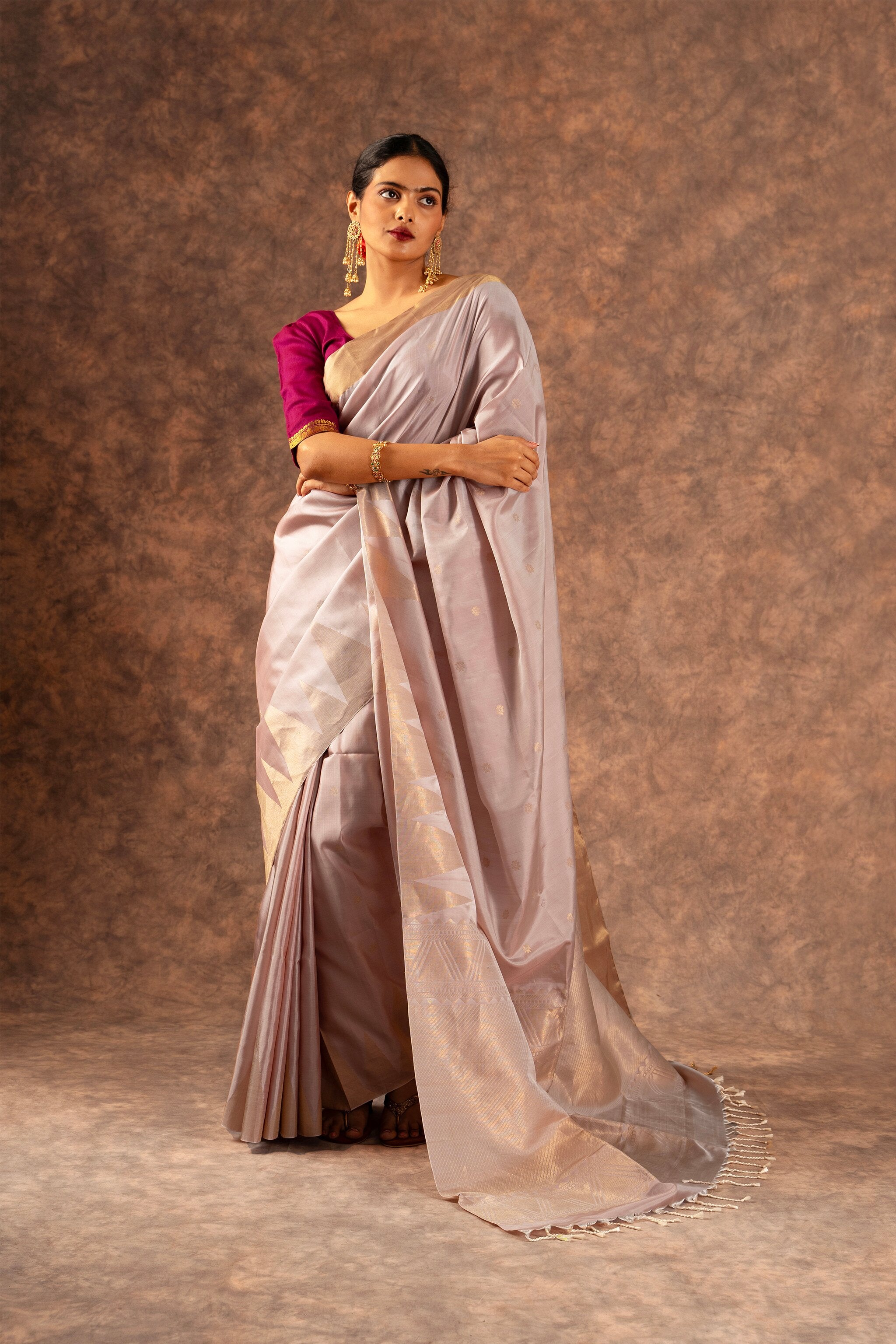 'Sanjana' Light Beige Kanjeevaram Soft Silk (Double Warp)