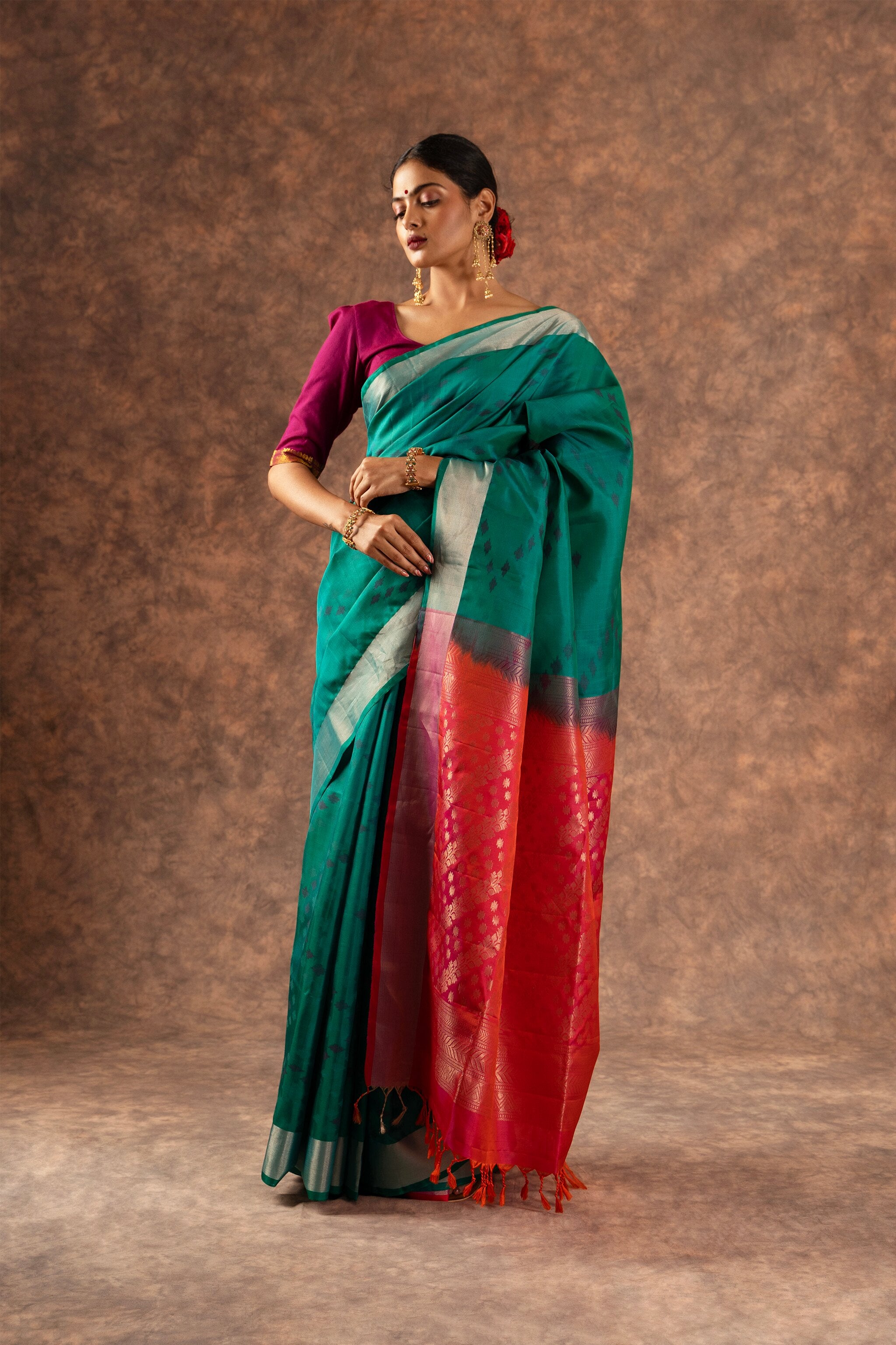 'Mohana' Teal and Coral Kanjeevaram Soft Silk (Double Warp)