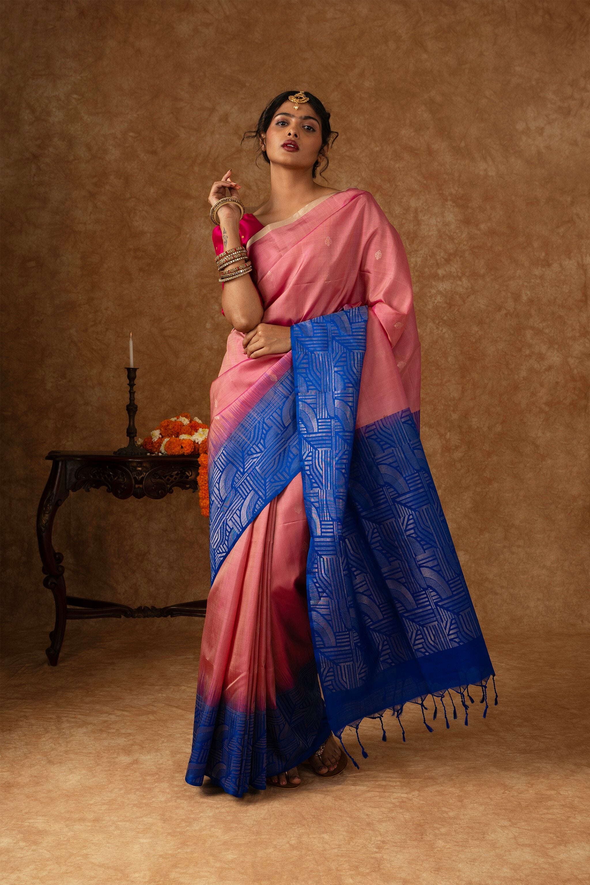 'Kamini' Pink and Blue Kanjeevaram Soft Silk (Double Warp)