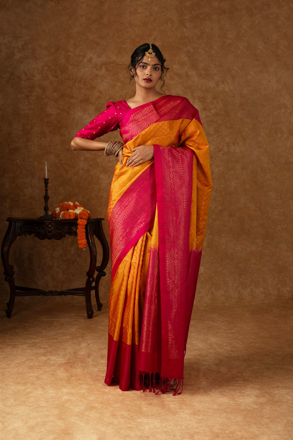 'Vasudhara' Yellow and Pink Kanjeevaram Soft Silk (Double Warp)