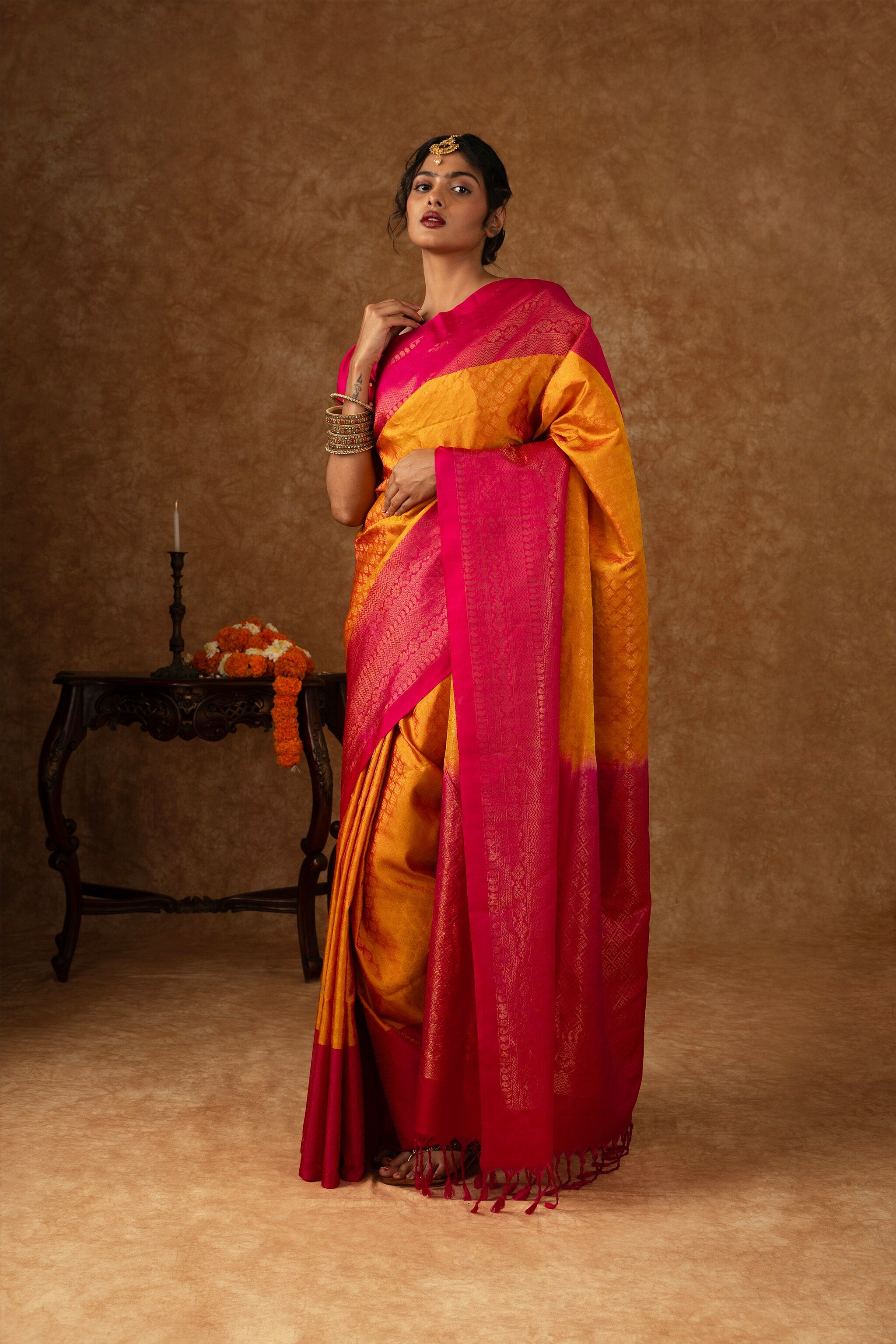 'Vasudhara' Yellow and Pink Kanjeevaram Soft Silk (Double Warp)