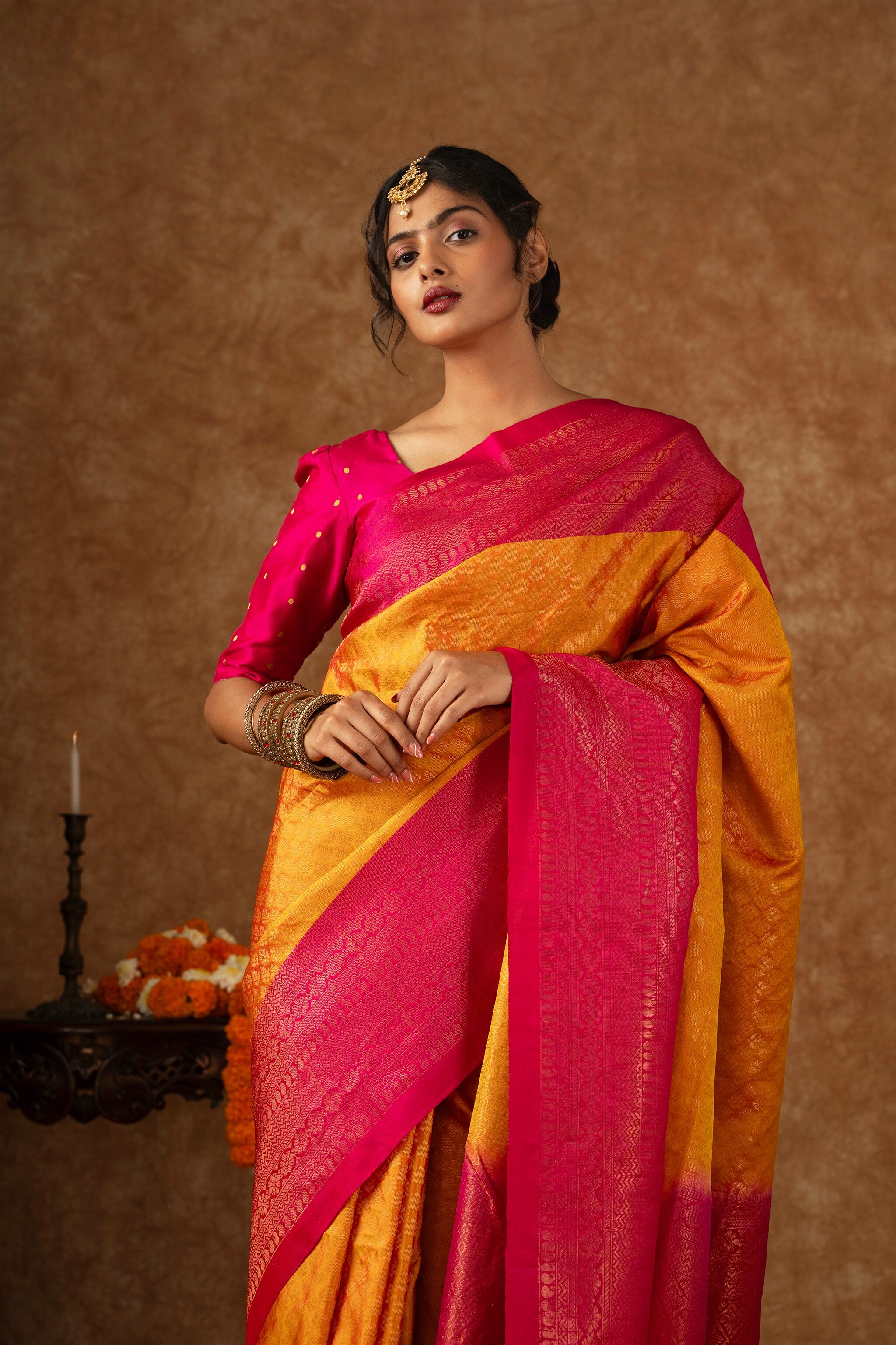 'Vasudhara' Yellow and Pink Kanjeevaram Soft Silk (Double Warp)