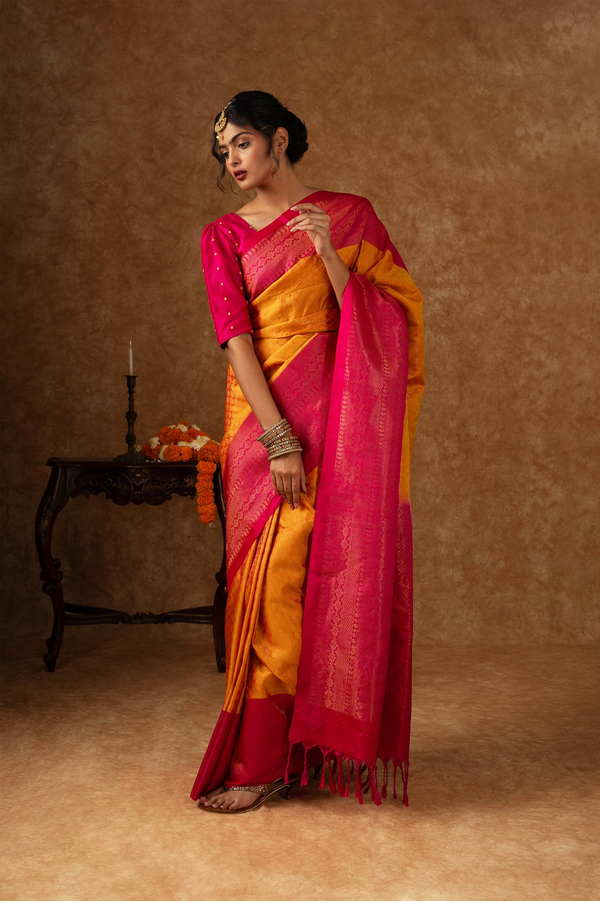 'Vasudhara' Yellow and Pink Kanjeevaram Soft Silk (Double Warp)