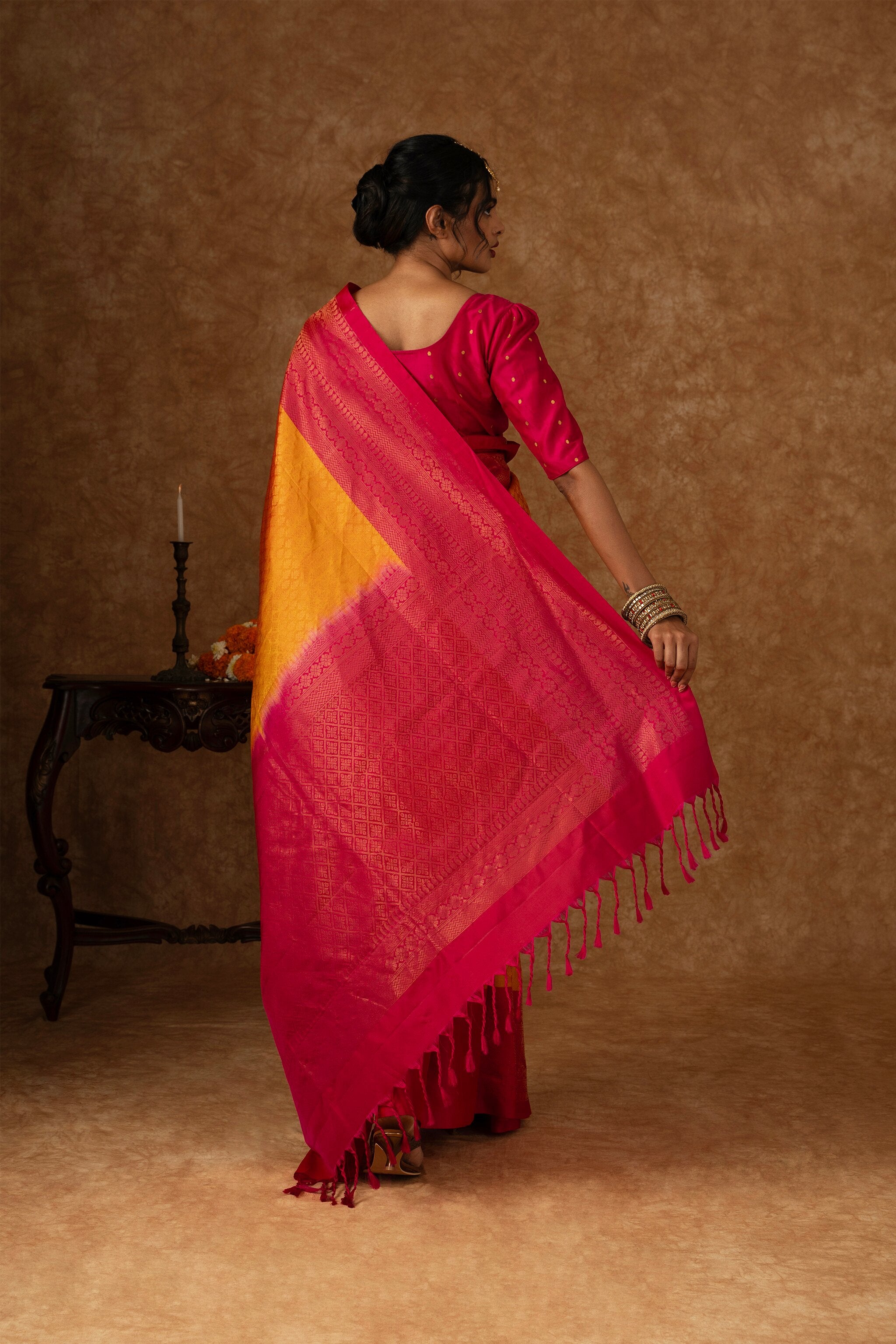 'Vasudhara' Yellow and Pink Kanjeevaram Soft Silk (Double Warp)